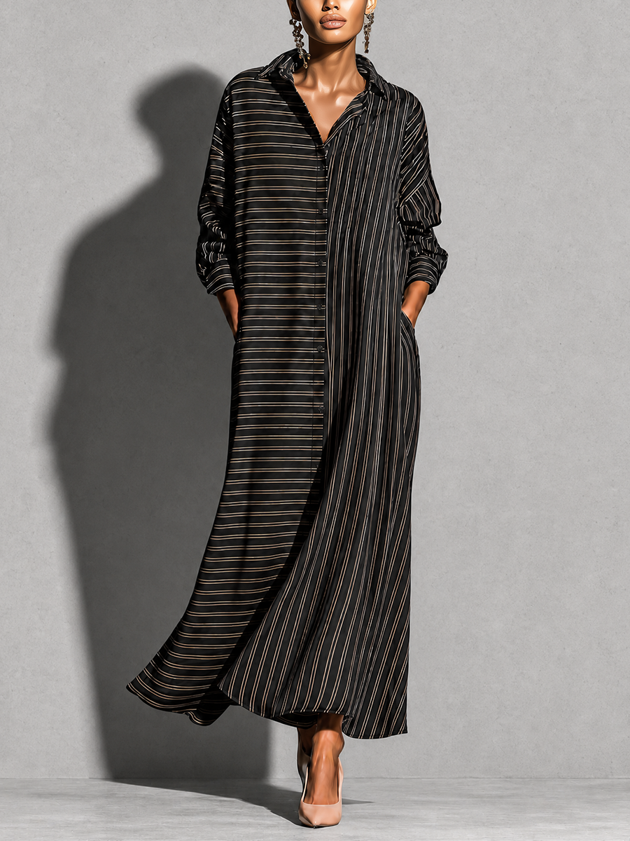 Women's Striped Long Sleeve Button-Up Shirt Maxi Dress MDZ1895H8YZJ