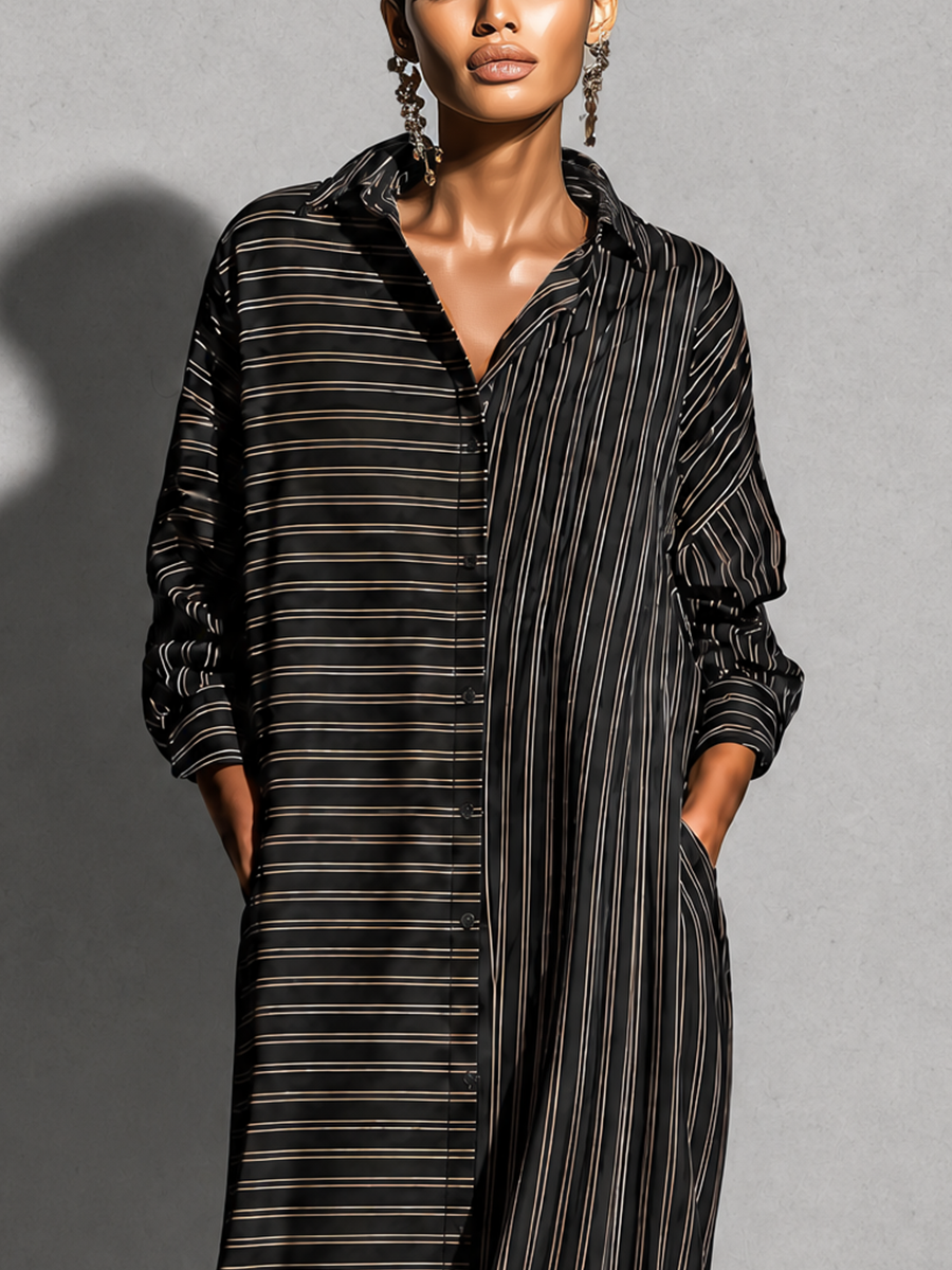 Women's Striped Long Sleeve Button-Up Shirt Maxi Dress MDZ1895H8YZJ