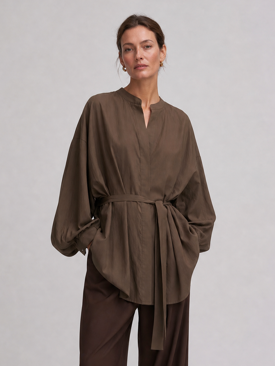 Women's Long Sleeve Oversized Tie Waist Brown Tunic MDZ1827H9YZJ