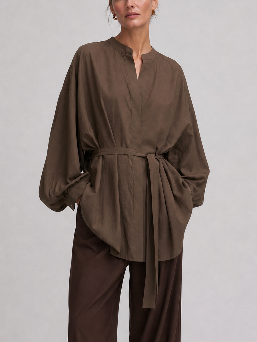 Women's Long Sleeve Oversized Tie Waist Brown Tunic MDZ1827H9YZJ