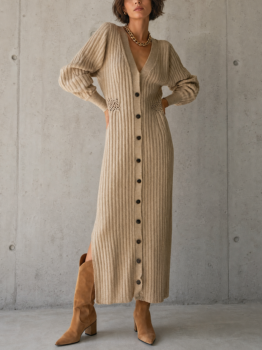 Women's Long Sleeve Cutout Ribbed Knit Beige Maxi Dress MDZ1895H2YZJ