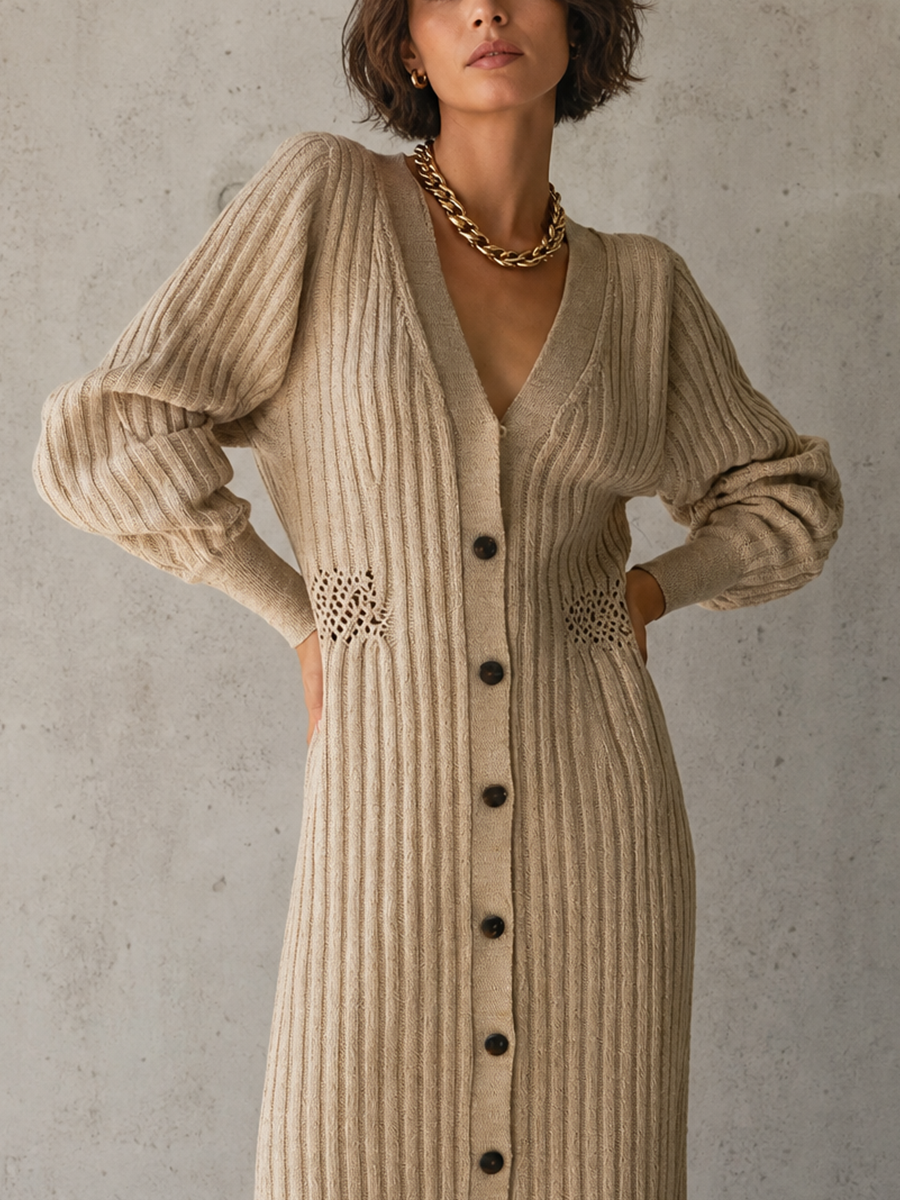 Women's Long Sleeve Cutout Ribbed Knit Beige Maxi Dress MDZ1895H2YZJ