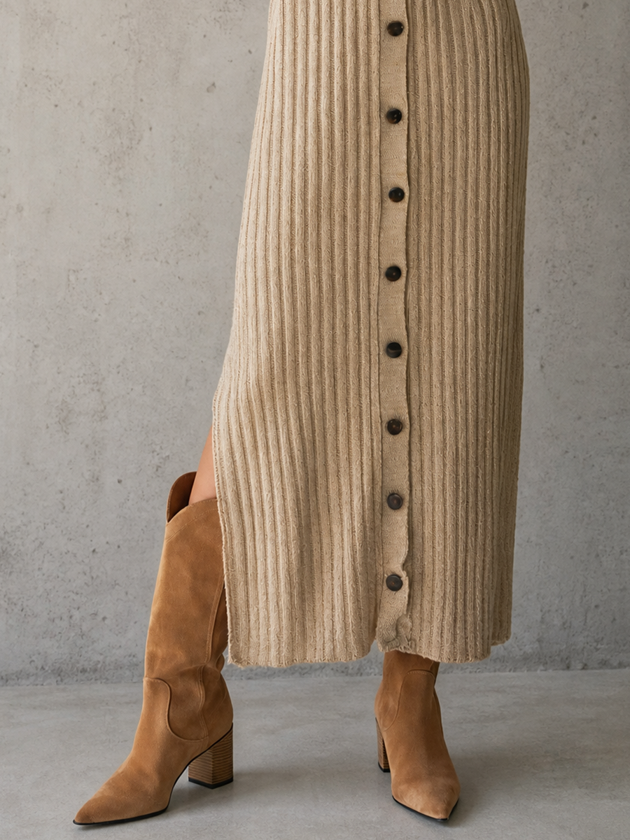 Women's Long Sleeve Cutout Ribbed Knit Beige Maxi Dress MDZ1895H2YZJ