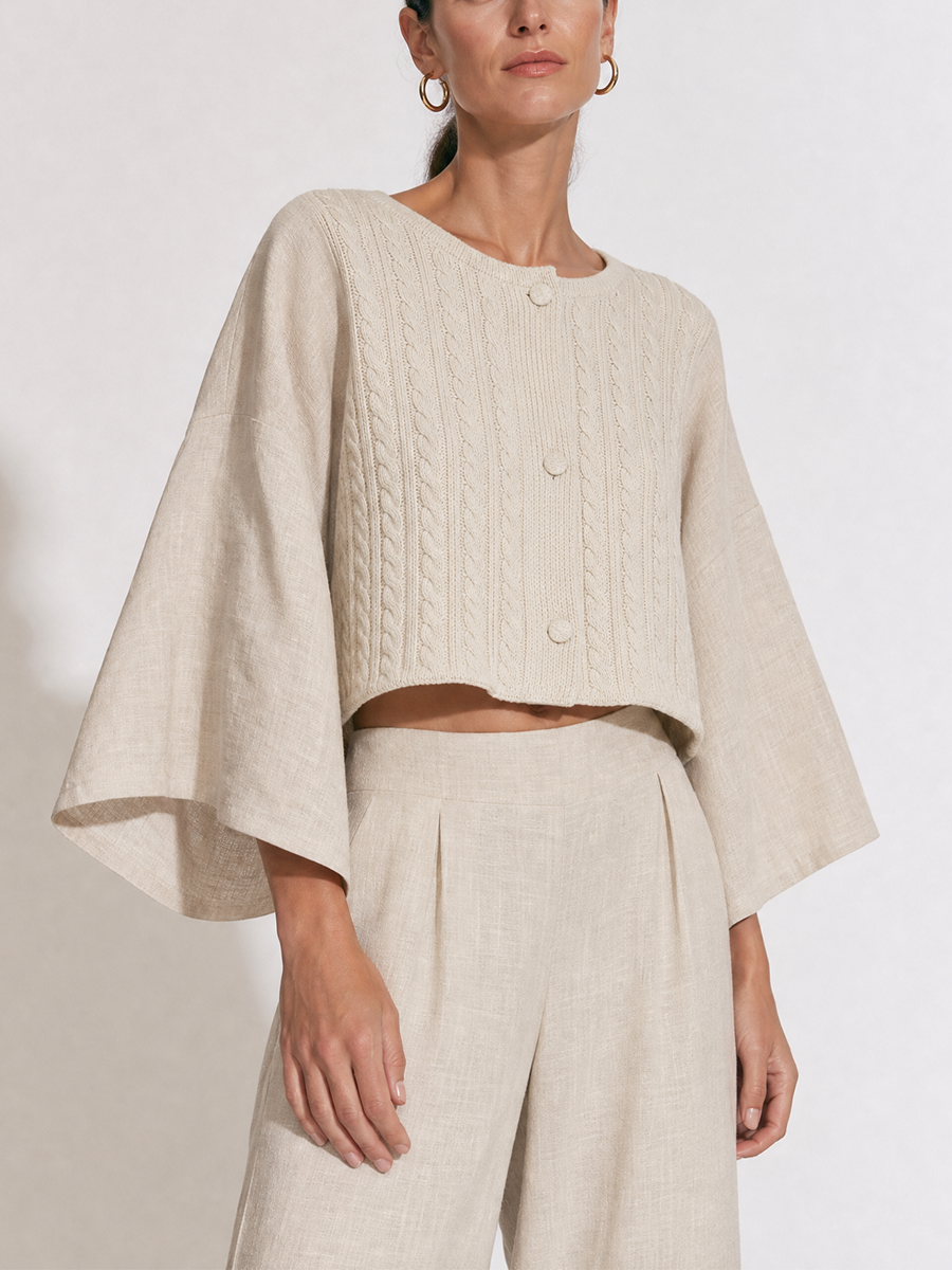 Women's Bell Sleeve Cable Knit Cropped Beige Cardigan MDZ1820H5YZJ