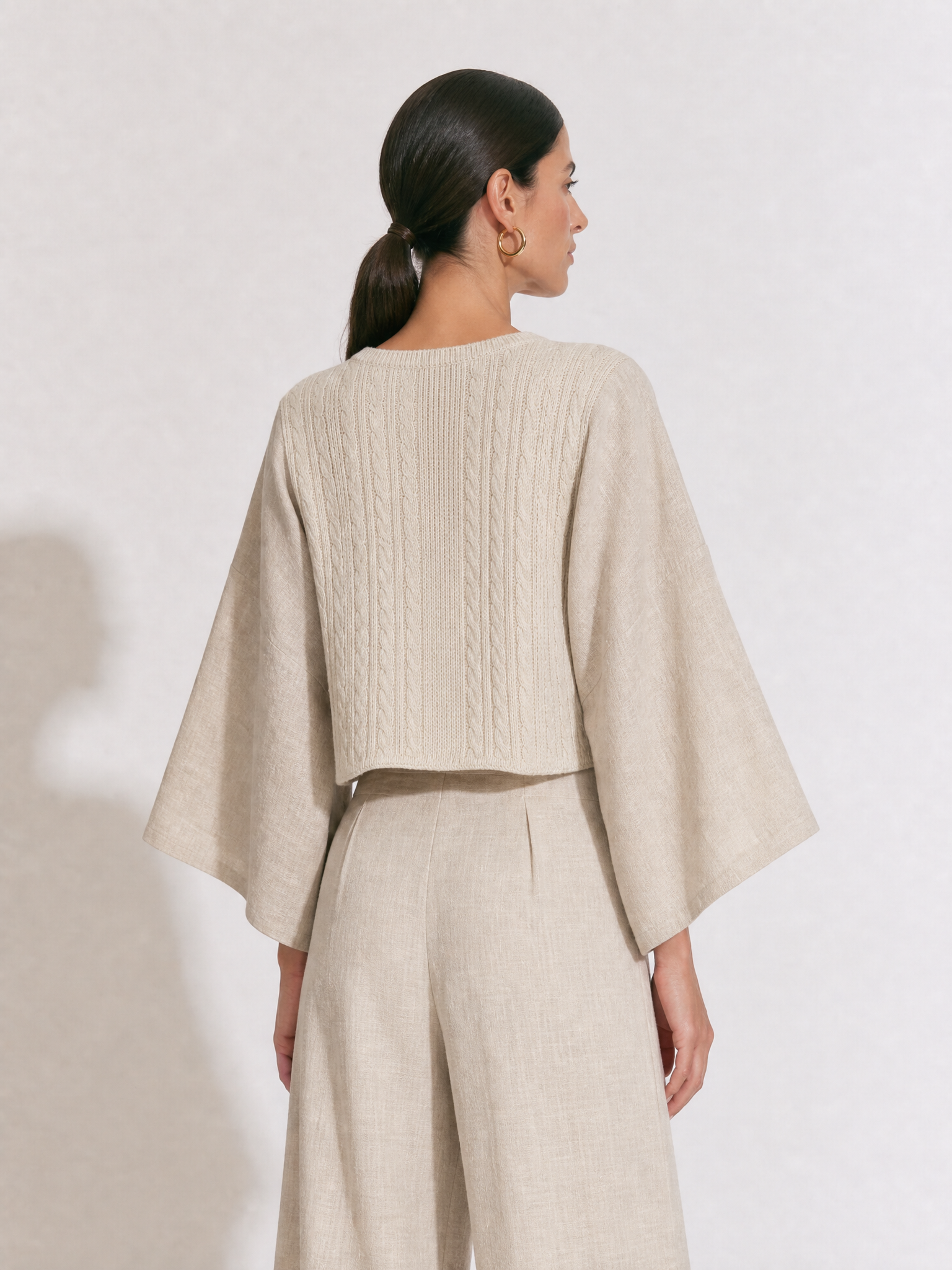 Women's Bell Sleeve Cable Knit Cropped Beige Cardigan MDZ1820H5YZJ