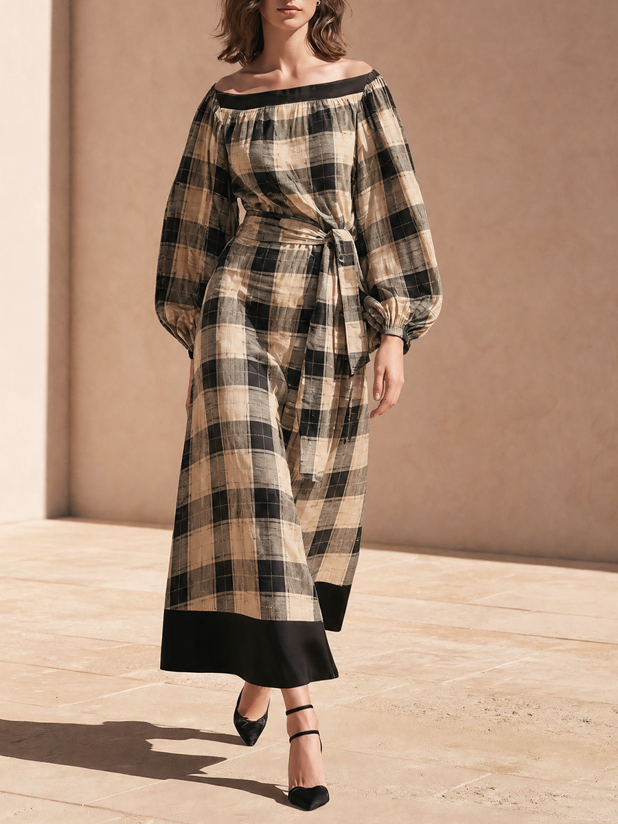 Women's Waist‑Tie Plaid Midi Dress For Weekend Getaway MDZ1957H1LYL