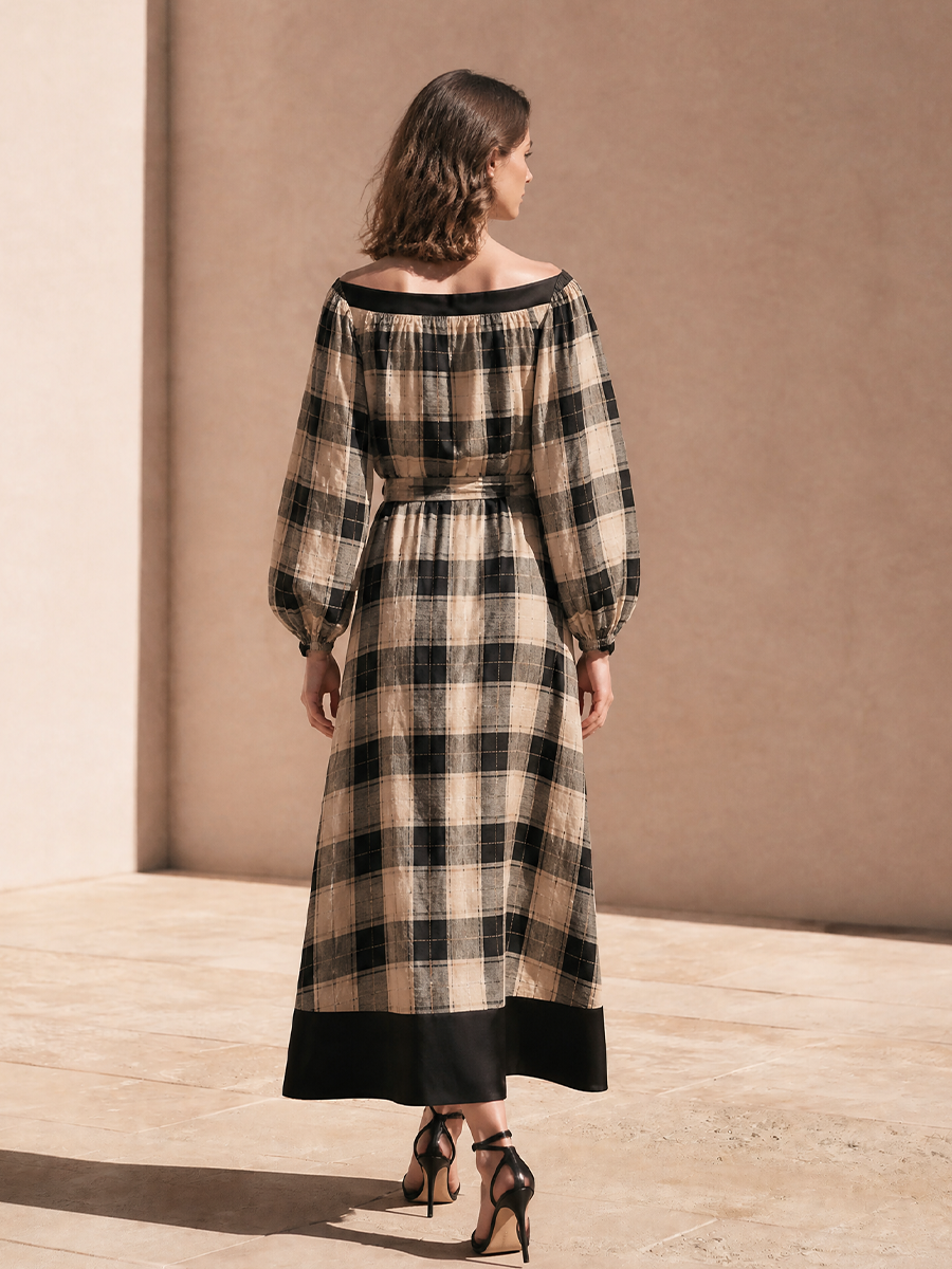 Women's Waist‑Tie Plaid Midi Dress For Weekend Getaway MDZ1957H1LYL