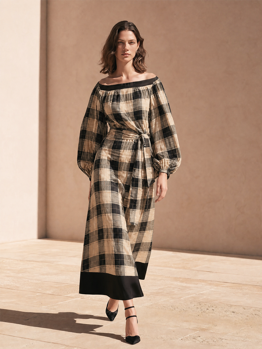 Women's Waist‑Tie Plaid Midi Dress For Weekend Getaway MDZ1957H1LYL