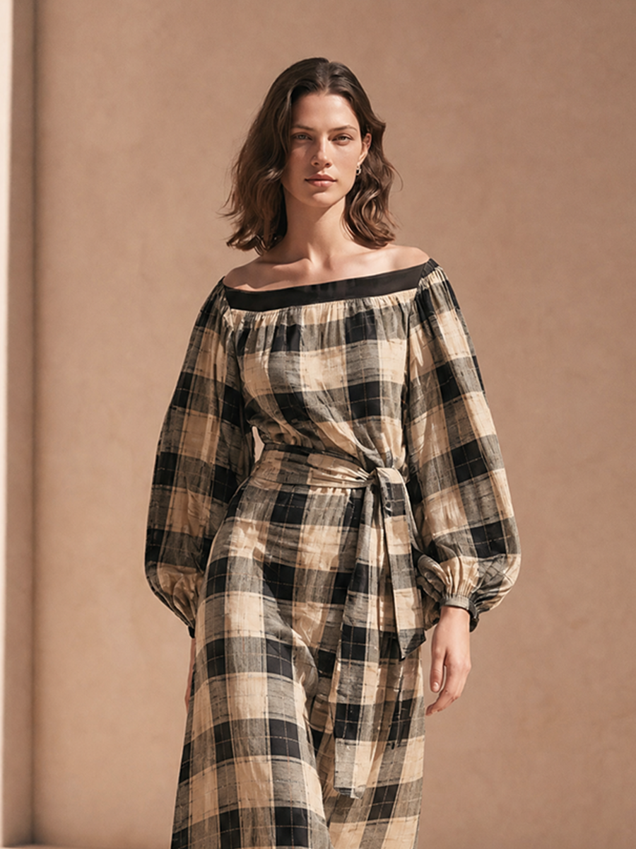 Women's Waist‑Tie Plaid Midi Dress For Weekend Getaway MDZ1957H1LYL