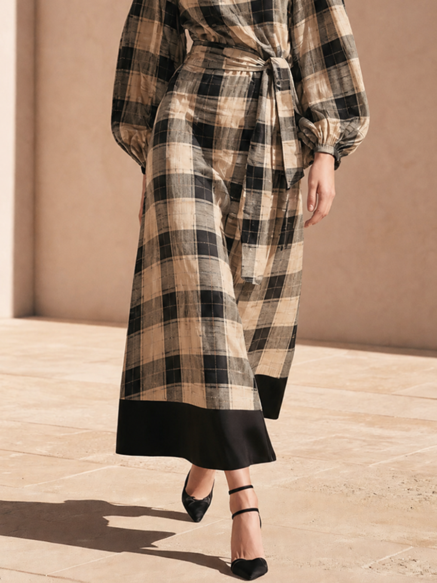 Women's Waist‑Tie Plaid Midi Dress For Weekend Getaway MDZ1957H1LYL