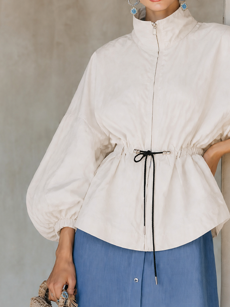 Women's Off‑White Cinched Waist Jacket For Daily Wear MDZ1909H4LYL