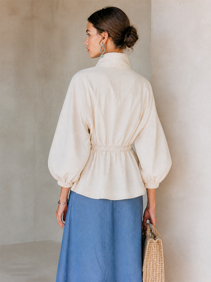 Women's Off‑White Cinched Waist Jacket For Daily Wear MDZ1909H4LYL