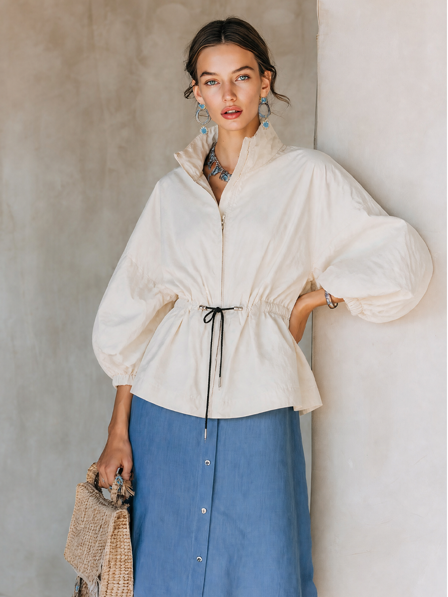 Women's Off‑White Cinched Waist Jacket For Daily Wear MDZ1909H4LYL