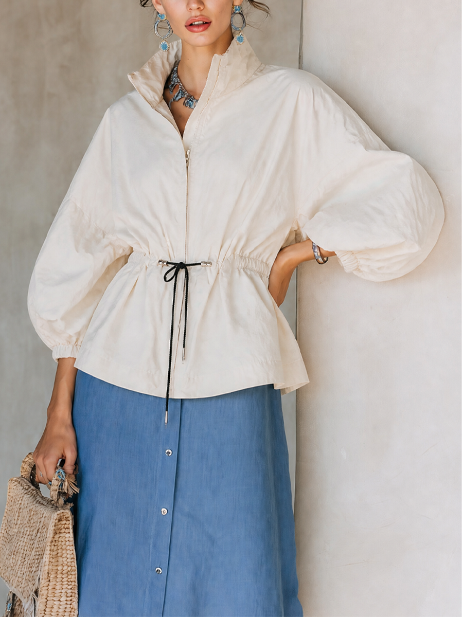 Women's Off‑White Cinched Waist Jacket For Daily Wear MDZ1909H4LYL