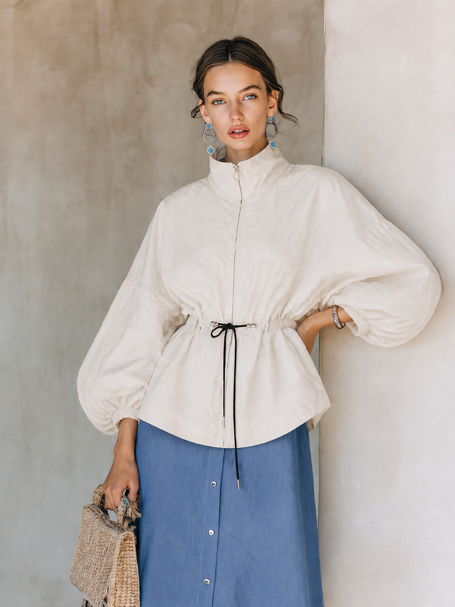 Women's Off‑White Cinched Waist Jacket For Daily Wear MDZ1909H4LYL