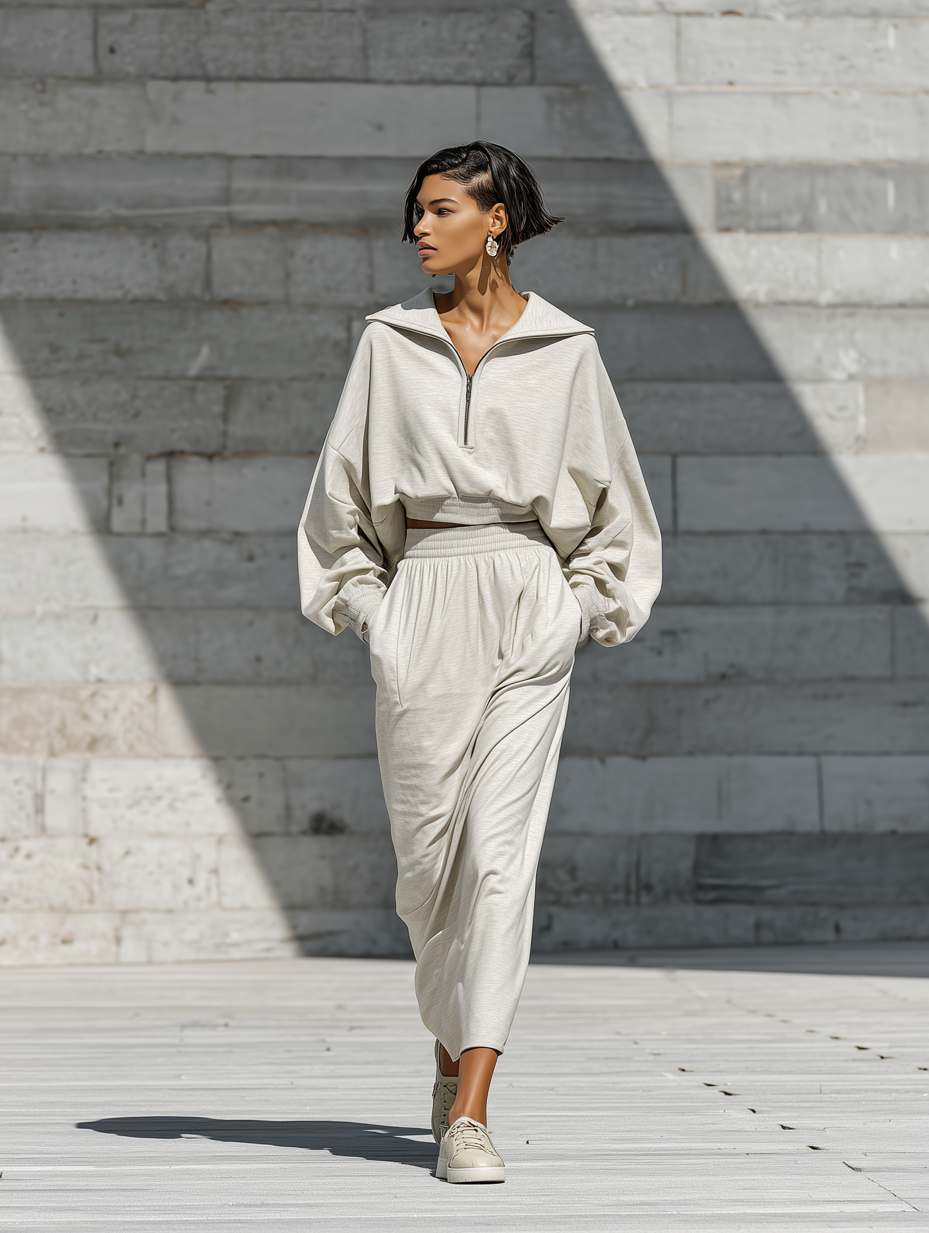 Women's Quarter Zip Batwing Sleeve Beige Skirt Set MDZ1985H6YZJ