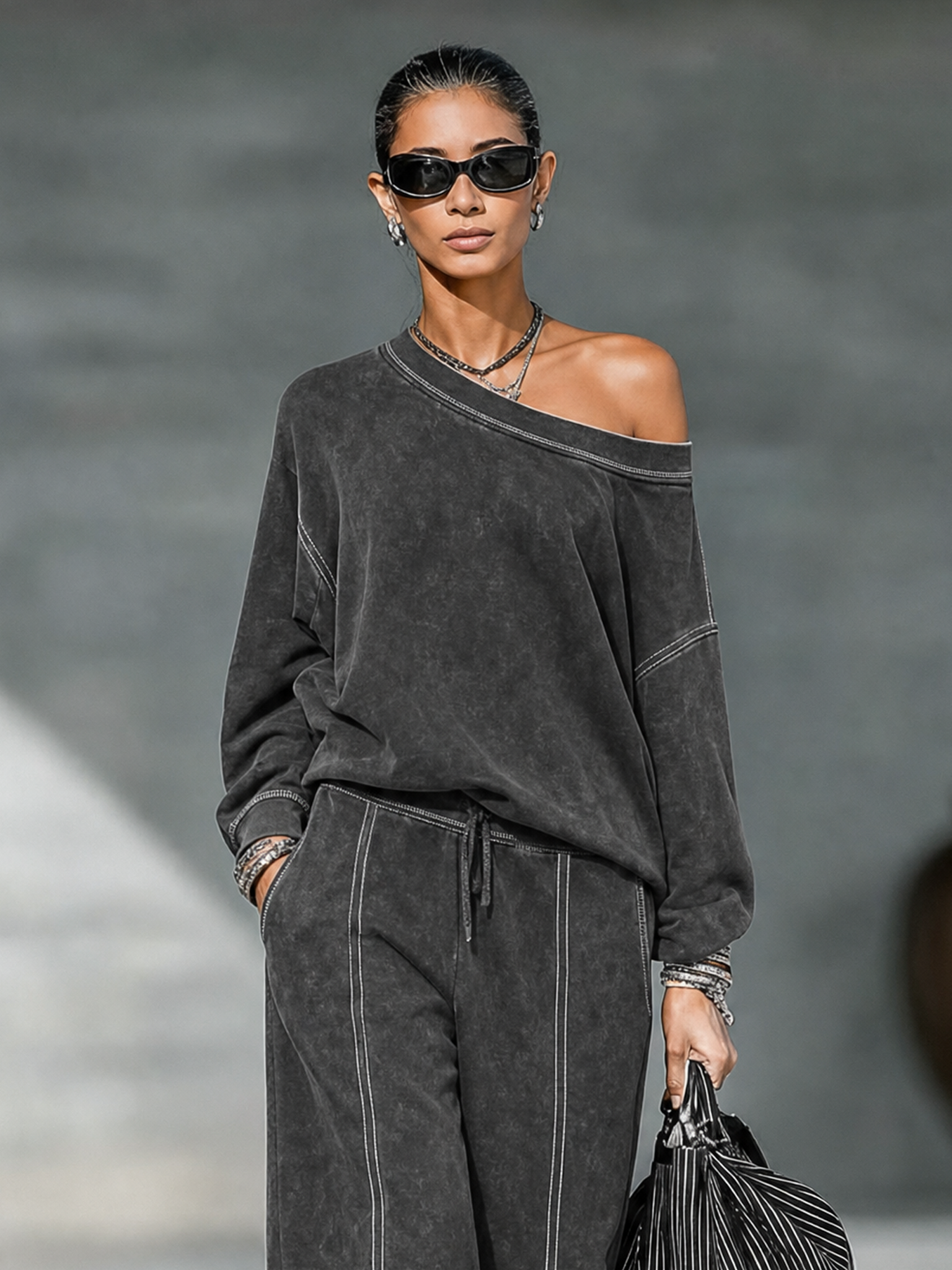 Women's Vintage Casual Faded One-Shoulder Sweatshirt And Straight-Leg Pants Set MDZ1996H3WY