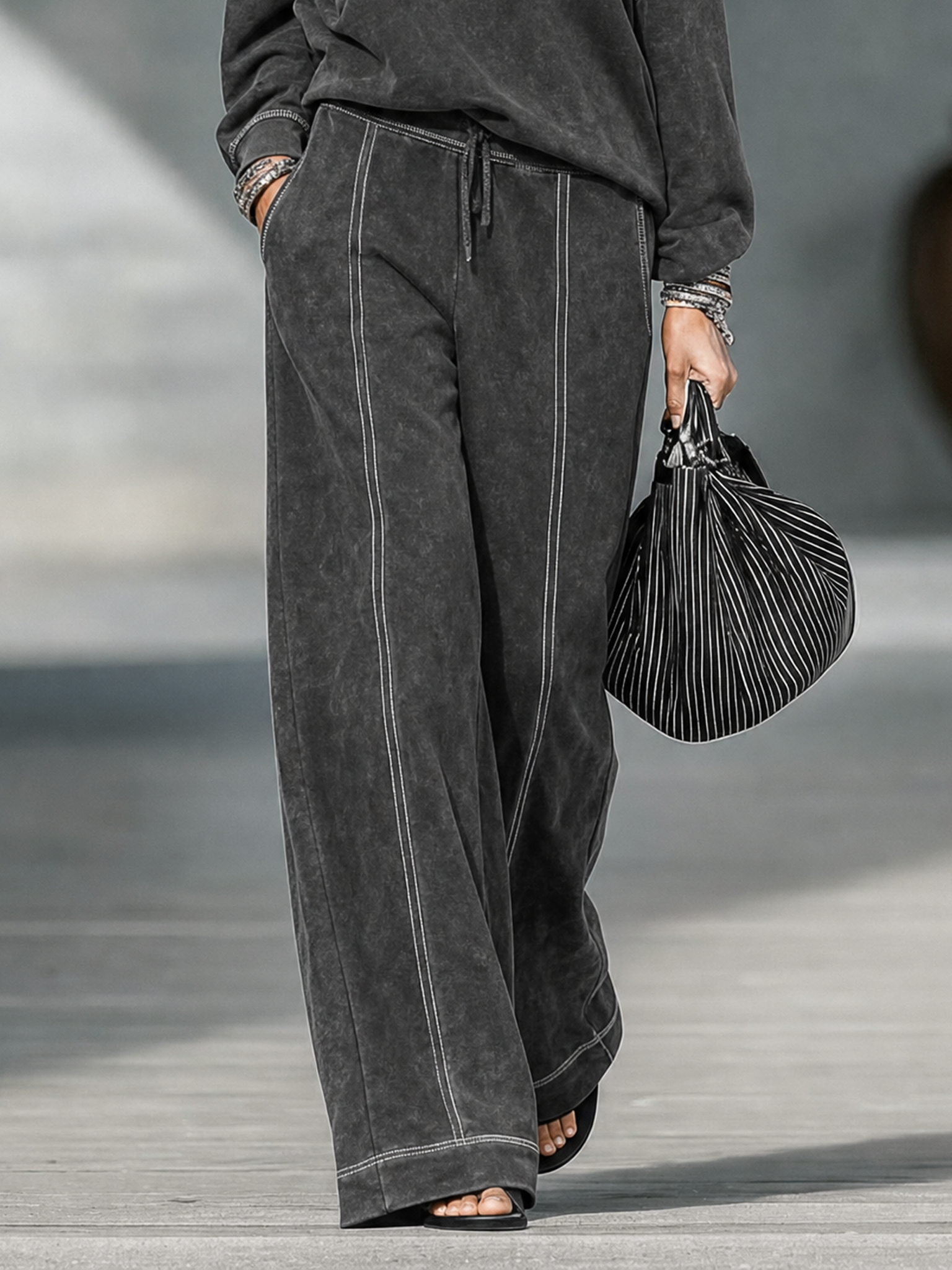 Women's Vintage Casual Faded One-Shoulder Sweatshirt And Straight-Leg Pants Set MDZ1996H3WY
