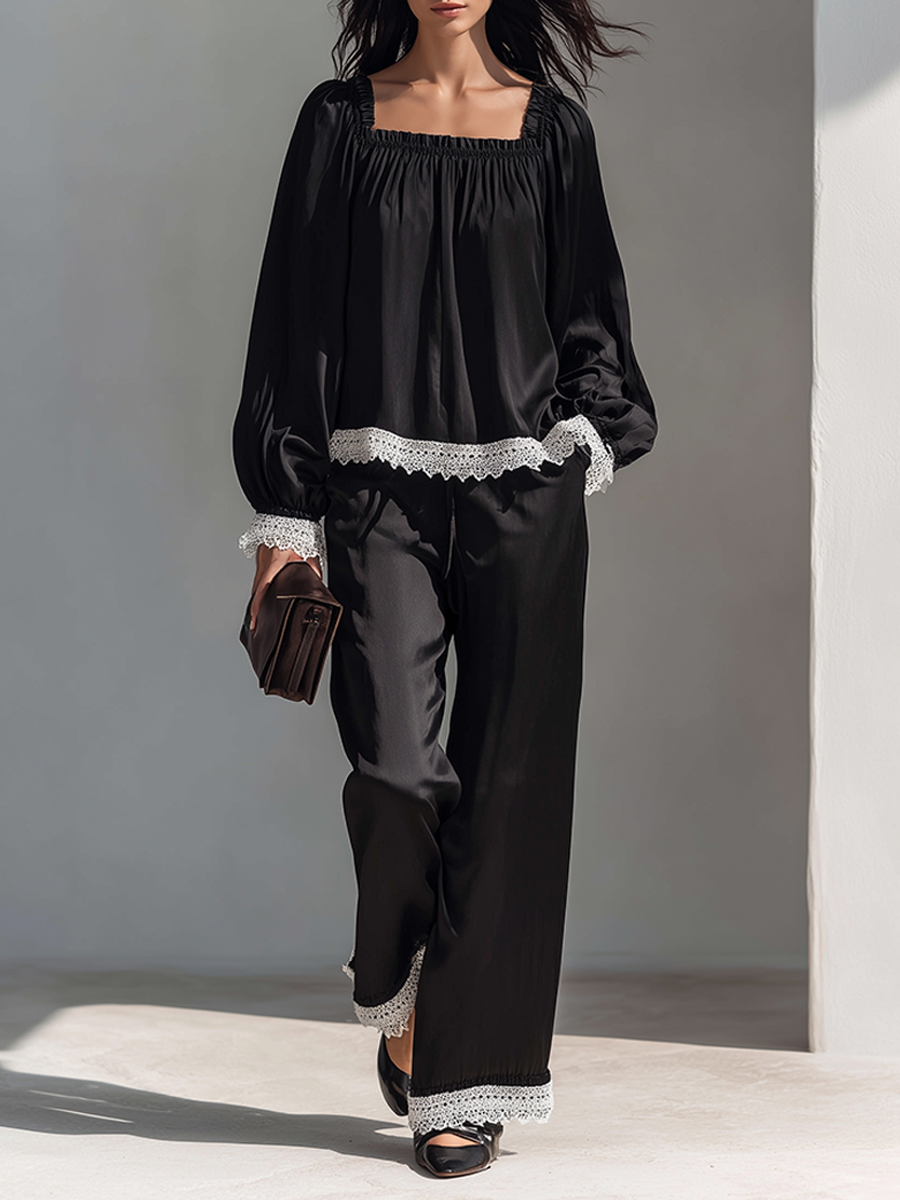 Women's Square-Neck Faux-Silk Trouser Set With Lace Trim MDZ1998H2ZRK