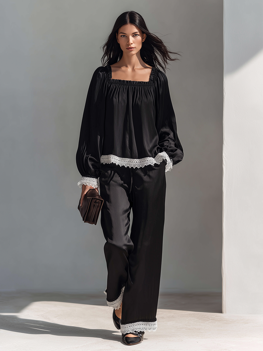 Women's Square-Neck Faux-Silk Trouser Set With Lace Trim MDZ1998H2ZRK