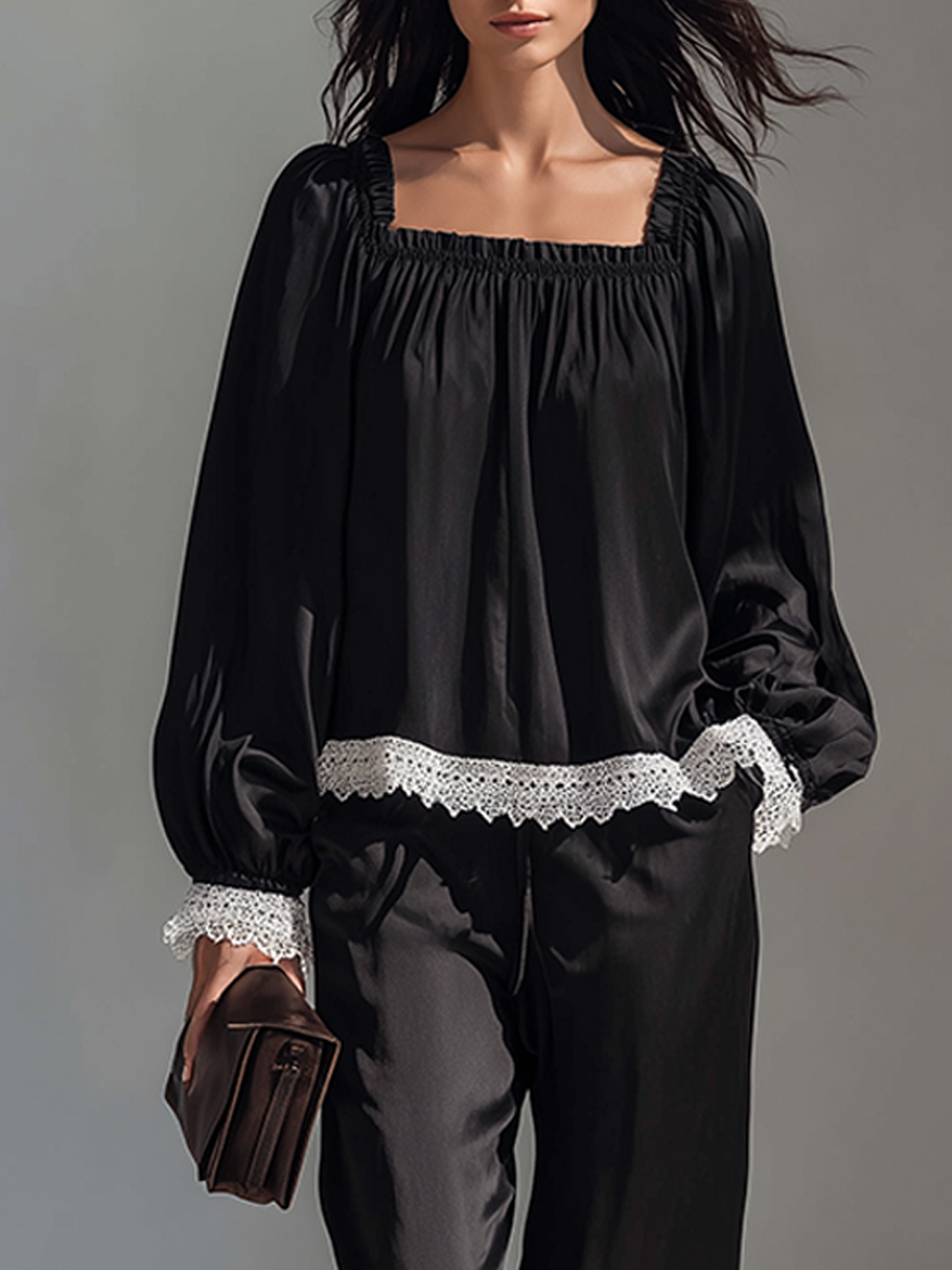Women's Square-Neck Faux-Silk Trouser Set With Lace Trim MDZ1998H2ZRK