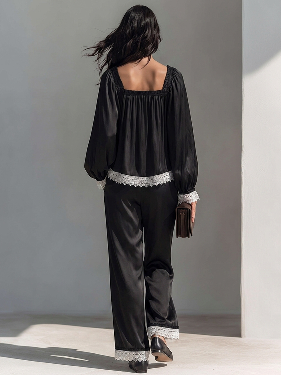Women's Square-Neck Faux-Silk Trouser Set With Lace Trim MDZ1998H2ZRK