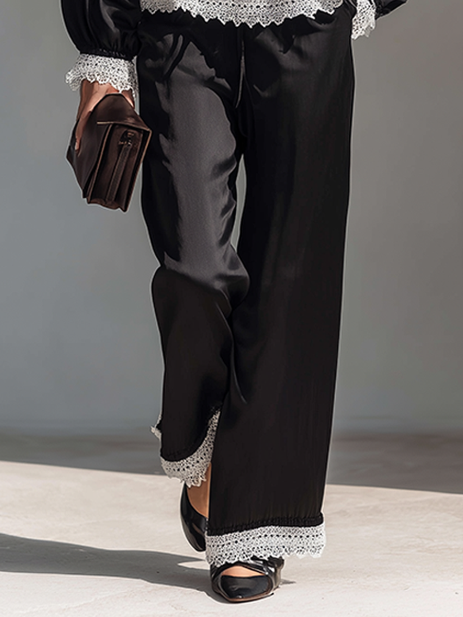 Women's Square-Neck Faux-Silk Trouser Set With Lace Trim MDZ1998H2ZRK