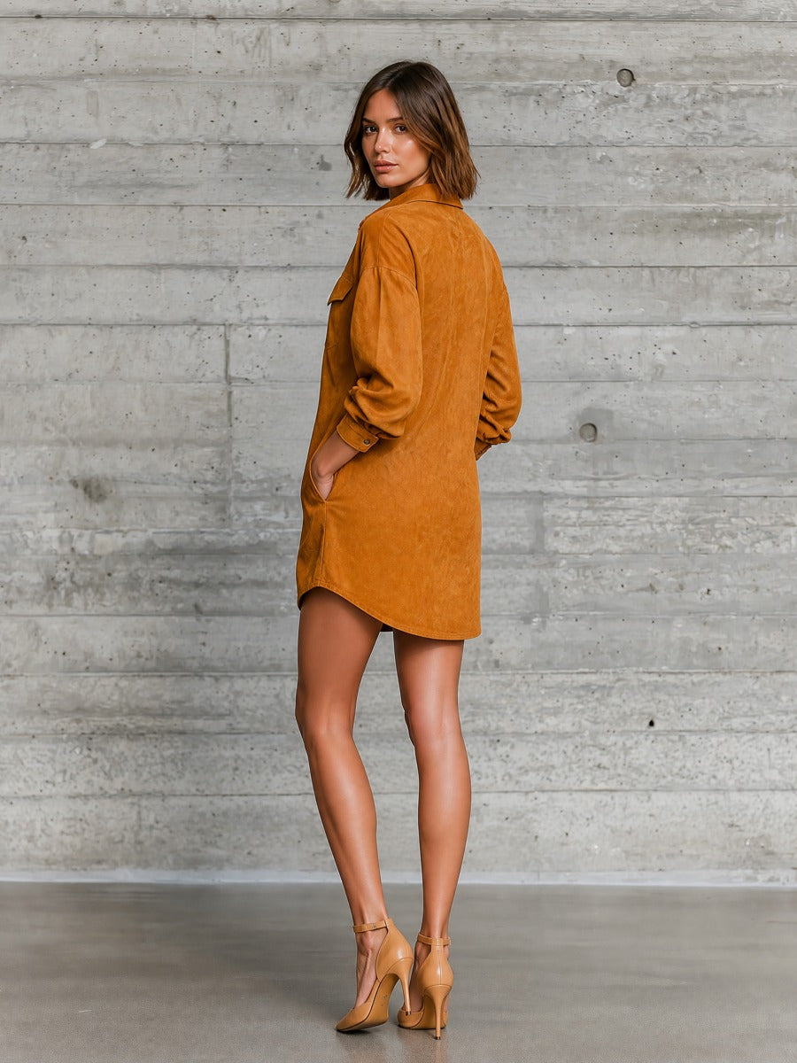 Women's Long Sleeve Camel Oversized Shirt Dress MDZ1999H8YZJ