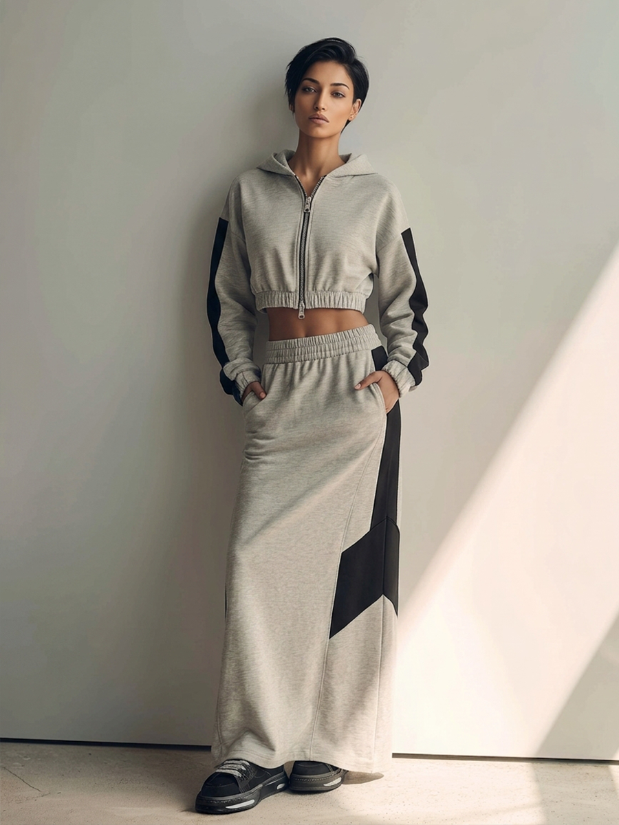 Women's Color-Block Cropped Hoodie & Maxi Skirt Set MDZ1994H8ZRK
