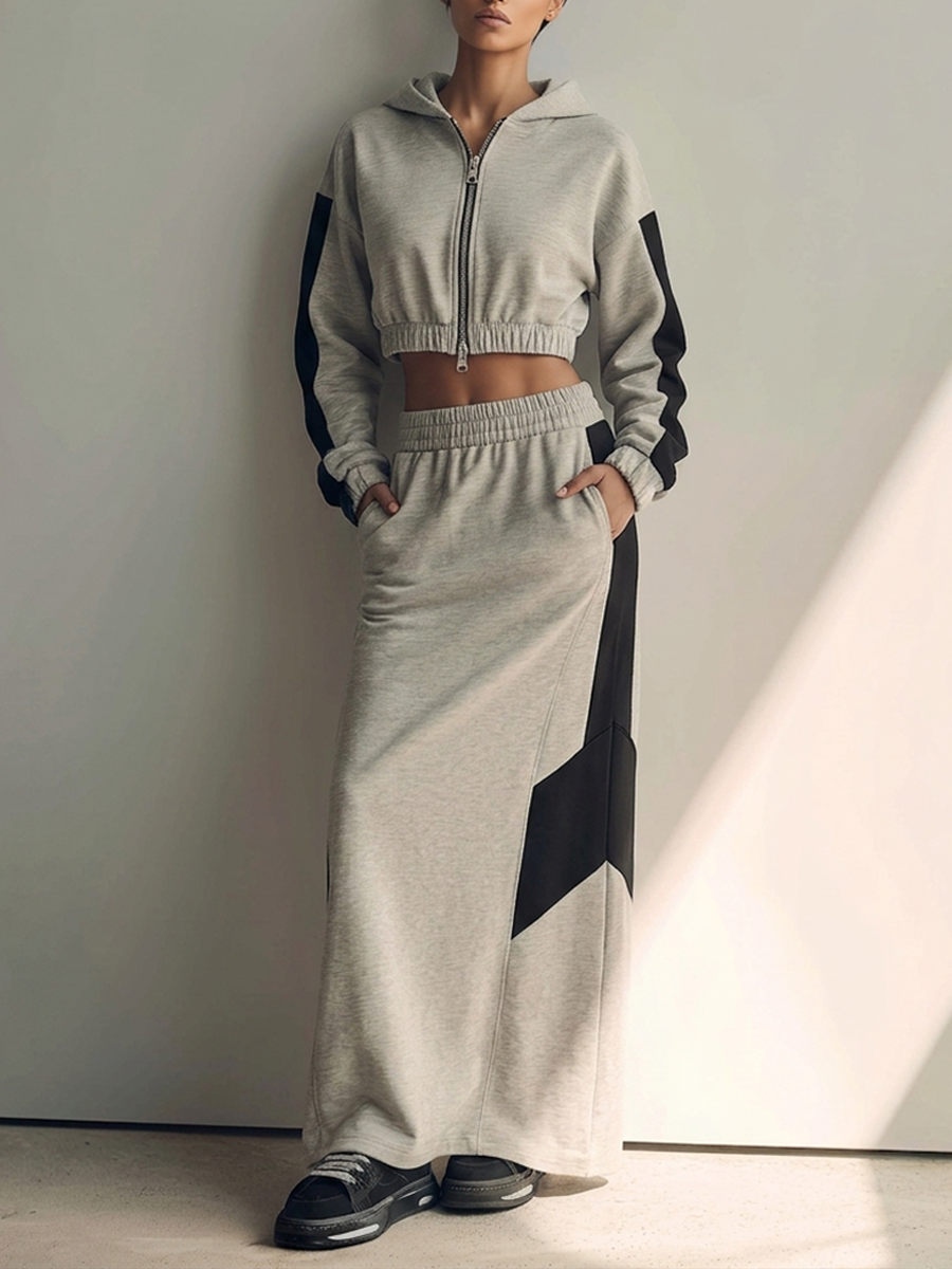 Women's Color-Block Cropped Hoodie & Maxi Skirt Set MDZ1994H8ZRK