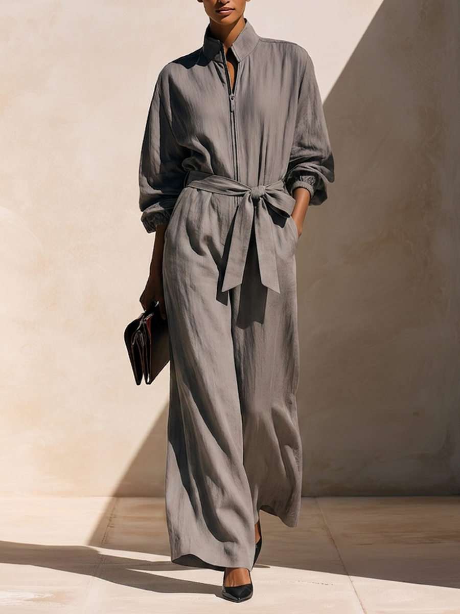 Women's Cotton-Linen Jumpsuit With Stand Collar, Front Zip, And Waist-Cinching Belt MDZ1932H0ZRK