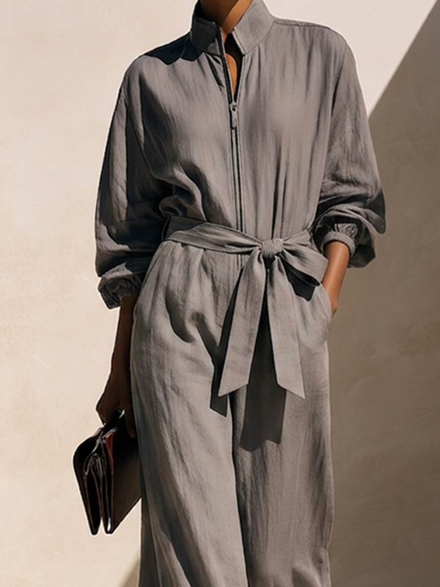 Women's Cotton-Linen Jumpsuit With Stand Collar, Front Zip, And Waist-Cinching Belt MDZ1932H0ZRK