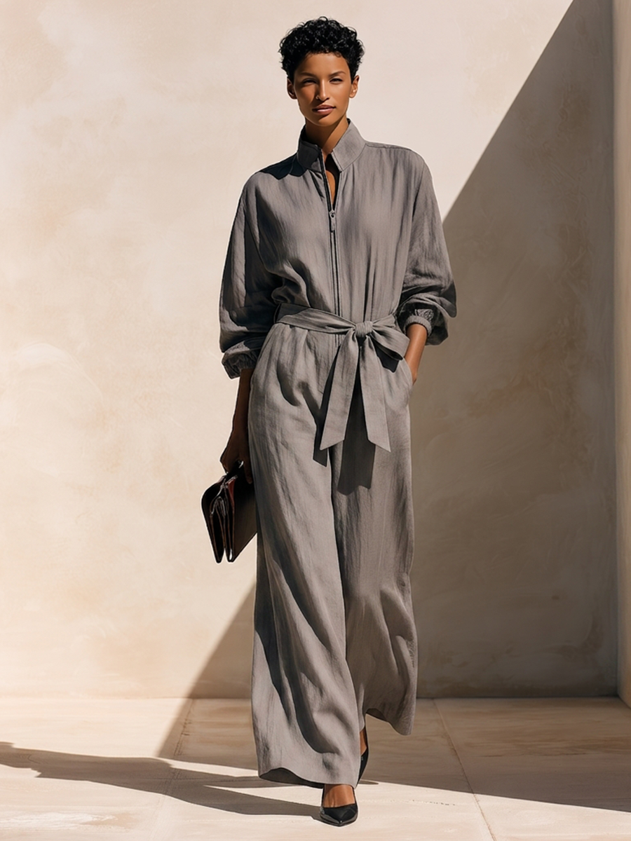 Women's Cotton-Linen Jumpsuit With Stand Collar, Front Zip, And Waist-Cinching Belt MDZ1932H0ZRK