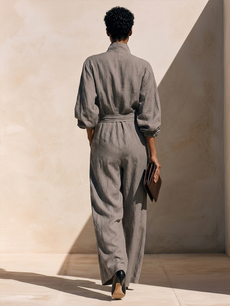 Women's Cotton-Linen Jumpsuit With Stand Collar, Front Zip, And Waist-Cinching Belt MDZ1932H0ZRK