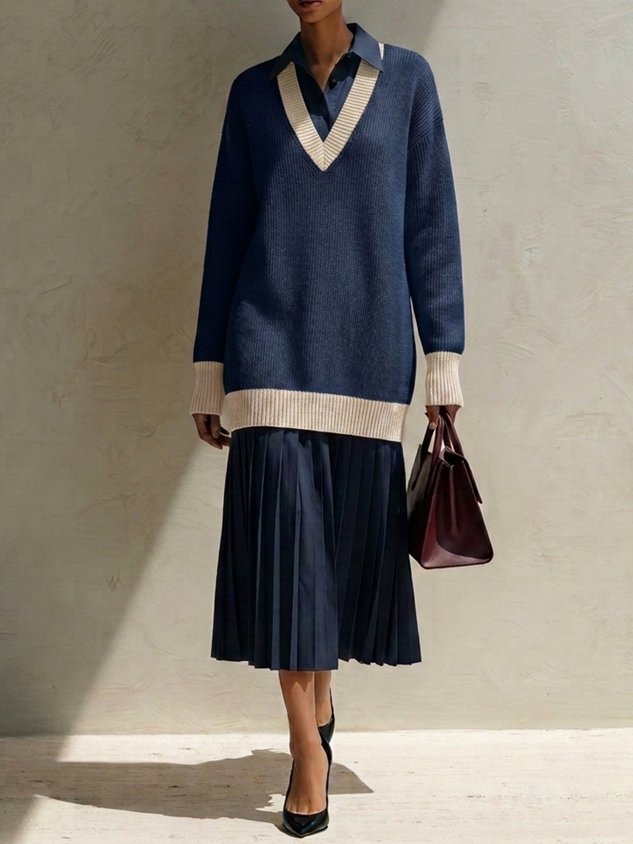 Women's Color-Block V-Neck Knit & Cotton-Blend Midi Dress MDZ1978H4ZRK