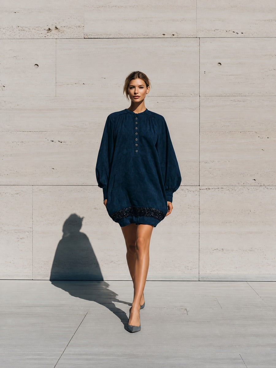 Women's Long Sleeve Half Button Sequin Hem Navy Dress MDZ1945H1YZJ