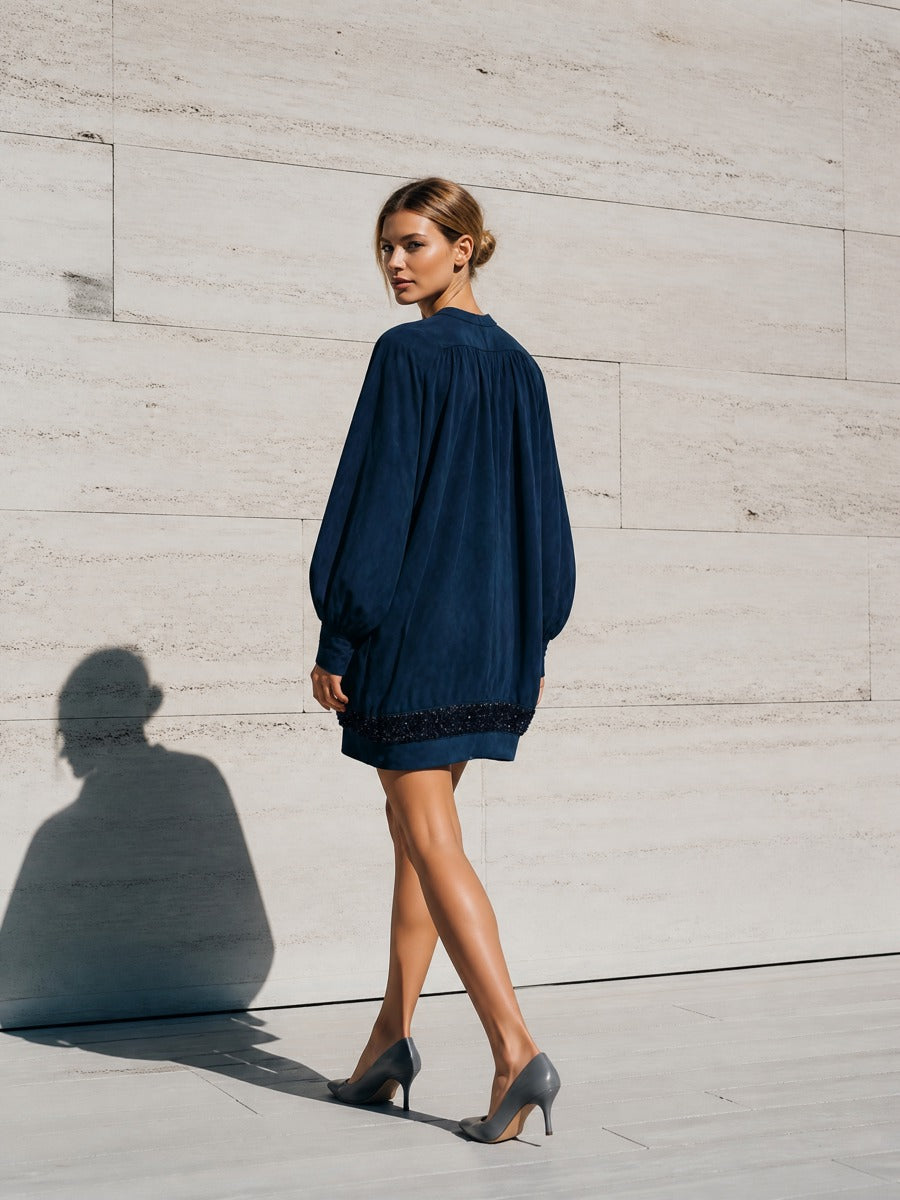 Women's Long Sleeve Half Button Sequin Hem Navy Dress MDZ1945H1YZJ