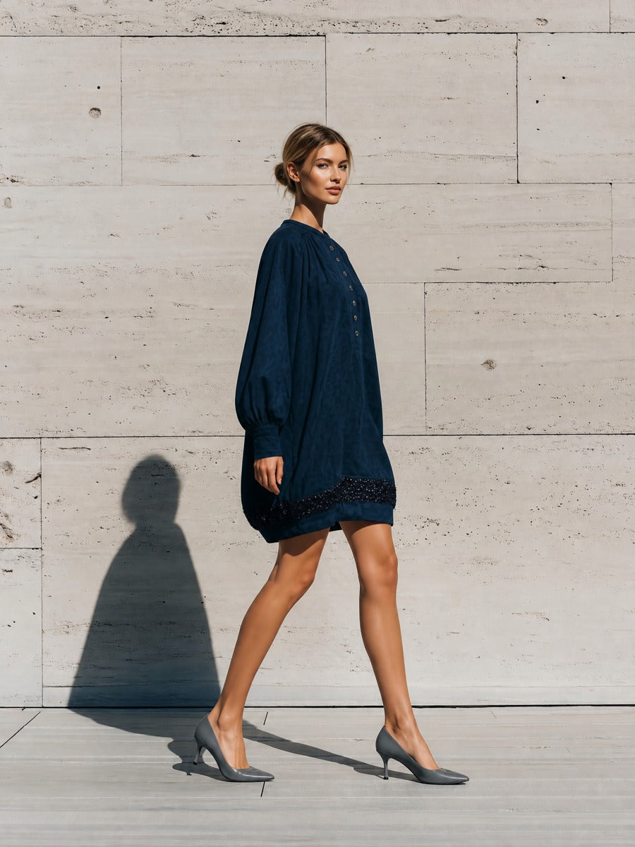Women's Long Sleeve Half Button Sequin Hem Navy Dress MDZ1945H1YZJ