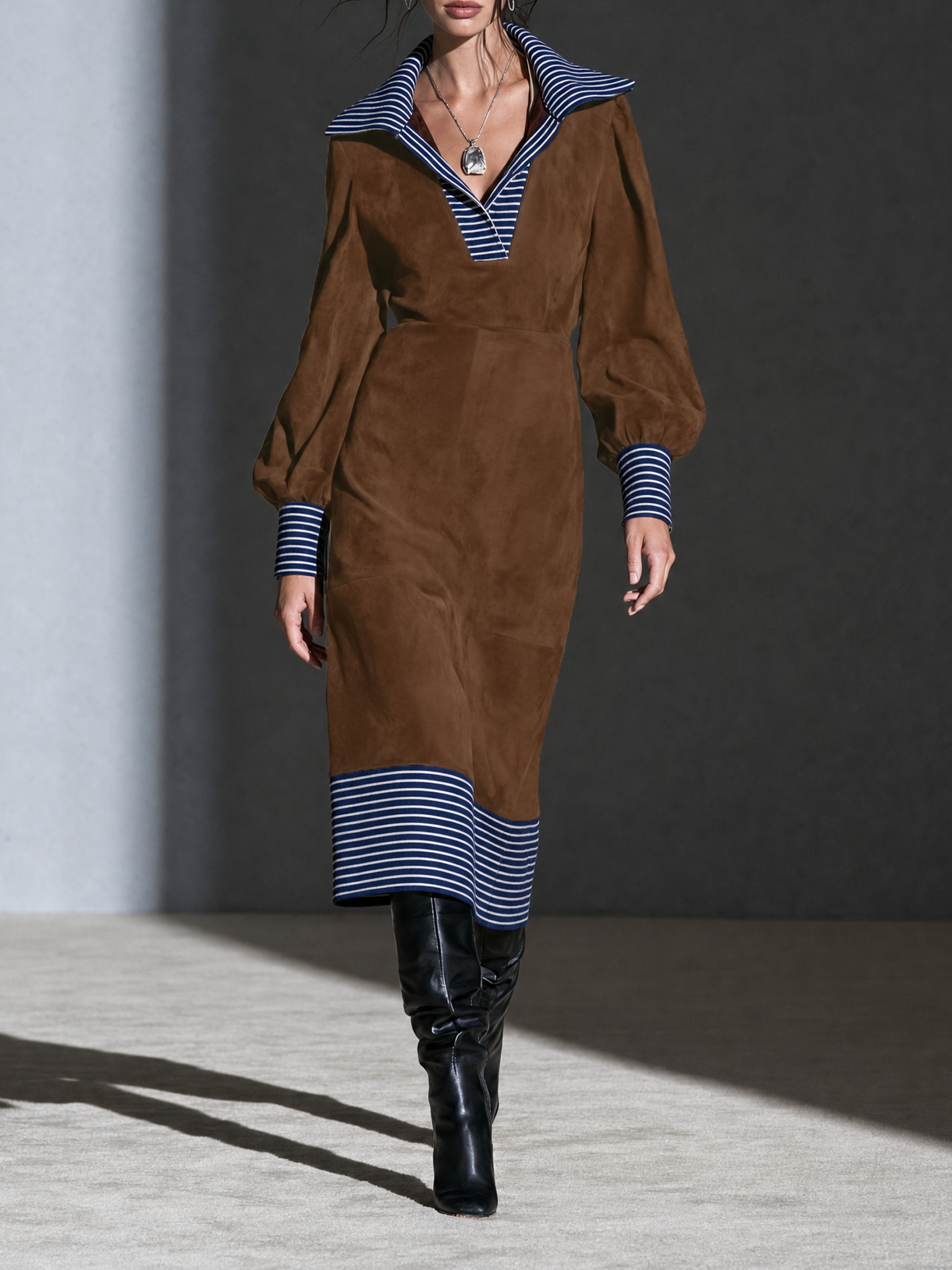 Women's Retro Faux Suede Panel Striped Midi Dress MDZ1964H3WY