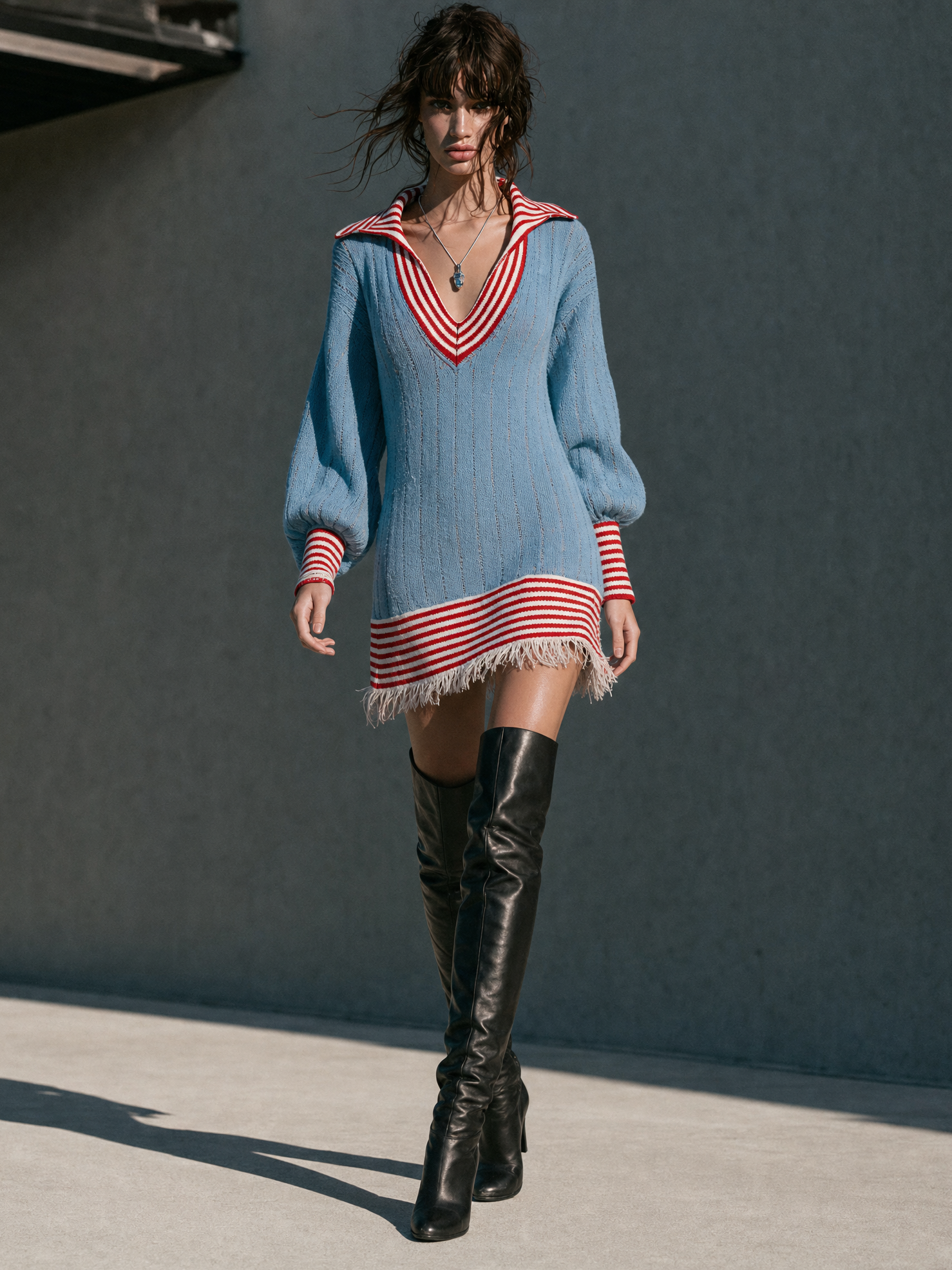 Women's Retro Color-Block Striped V-Neck Sweater Dress With Raw Hem MDZ1951H0WY