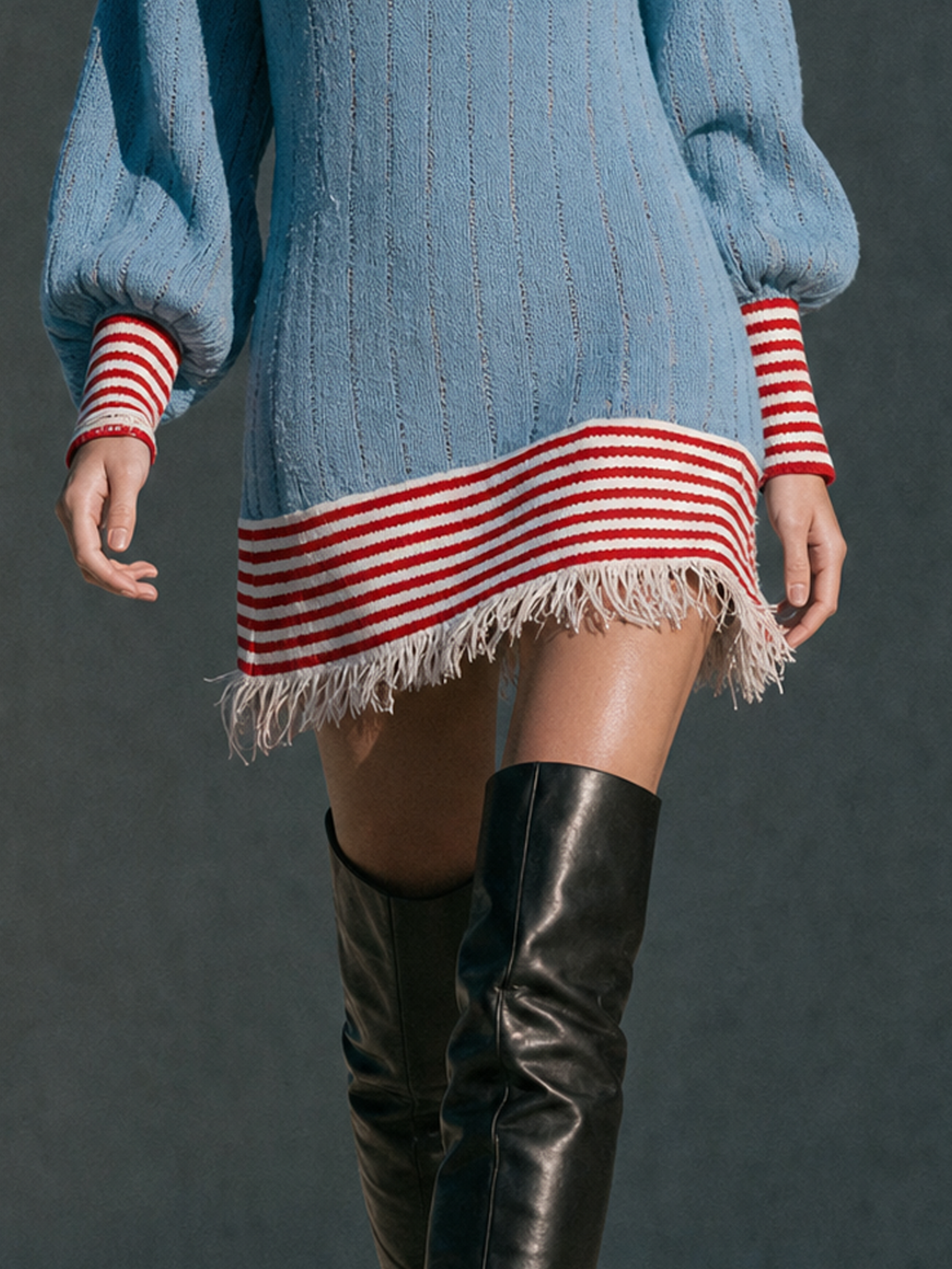 Women's Retro Color-Block Striped V-Neck Sweater Dress With Raw Hem MDZ1951H0WY