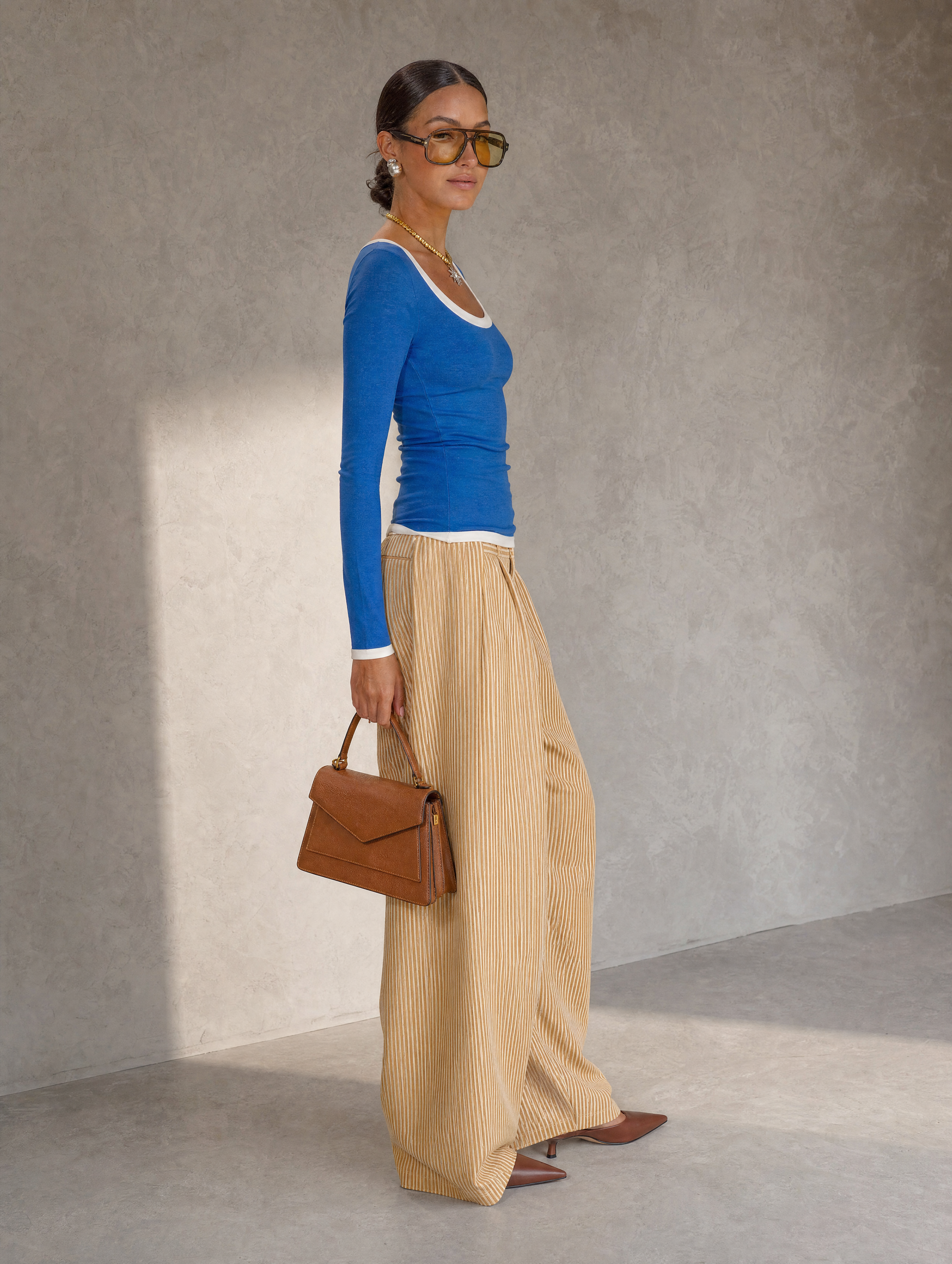 Women's Casual Klein Blue Stretch Long-Sleeve Top And Yellow-And-White Striped Woven Trousers 2-Piece Set MDZ1973H8LXY