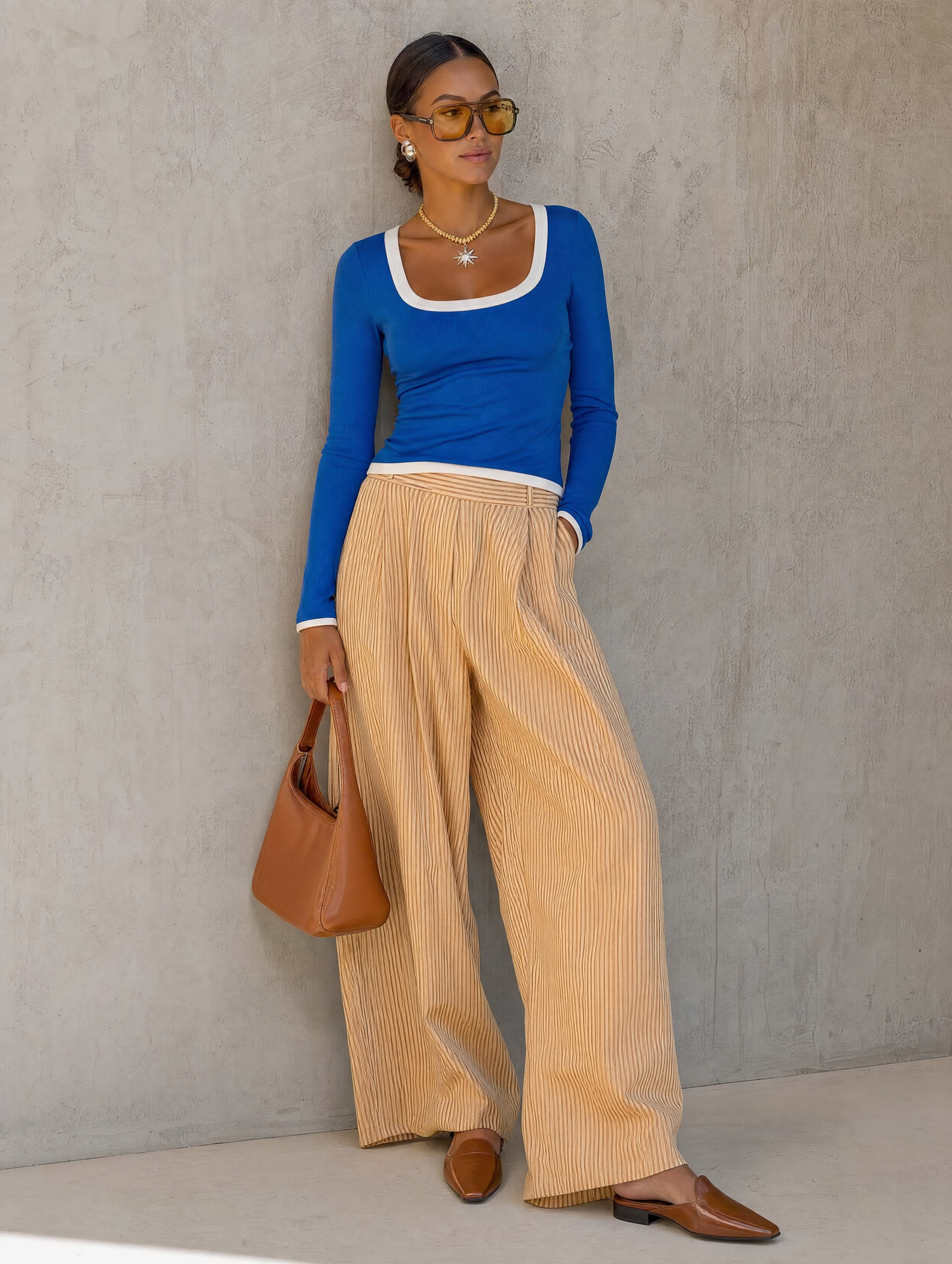 Women's Casual Klein Blue Stretch Long-Sleeve Top And Yellow-And-White Striped Woven Trousers 2-Piece Set MDZ1973H8LXY