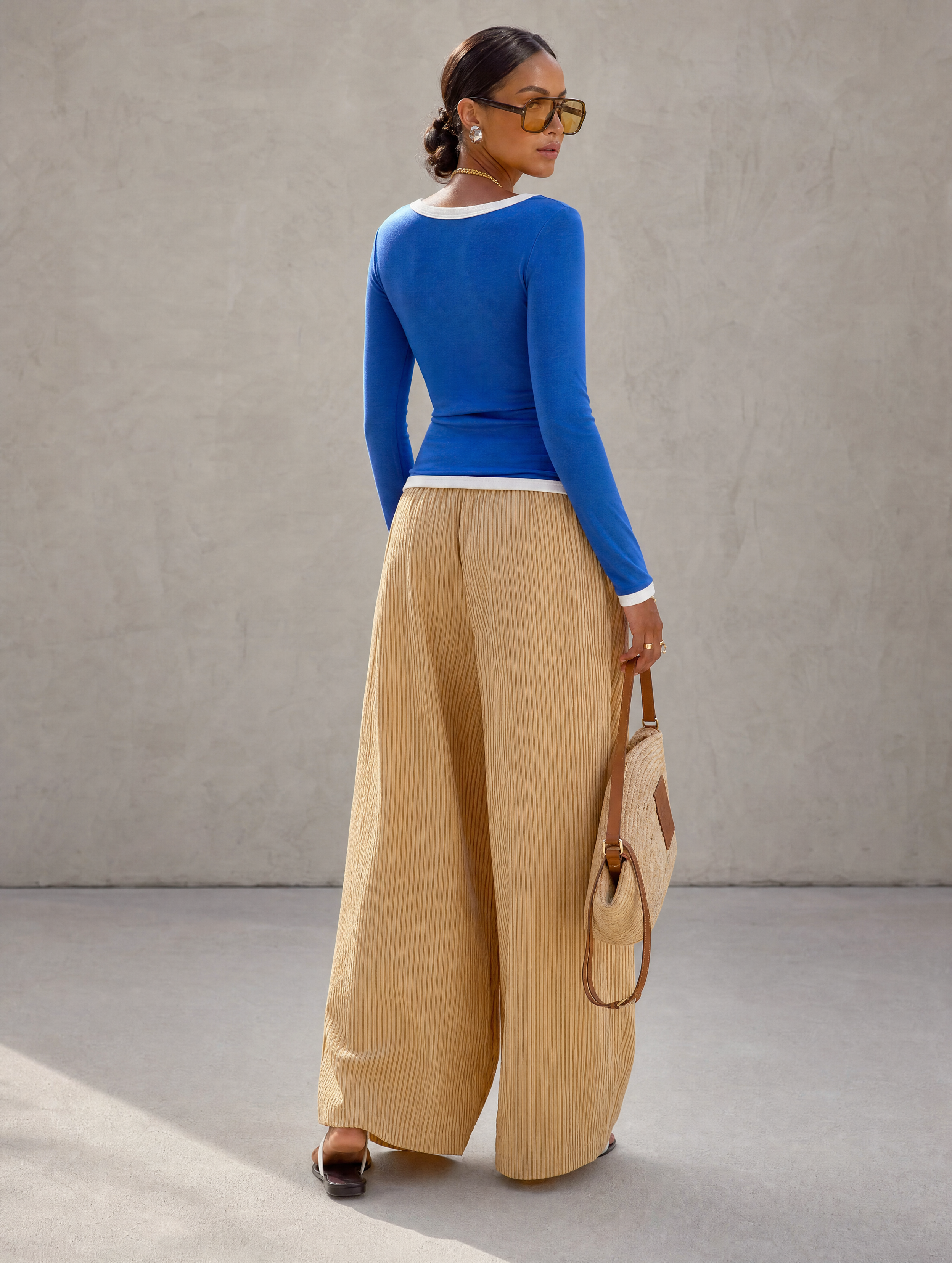Women's Casual Klein Blue Stretch Long-Sleeve Top And Yellow-And-White Striped Woven Trousers 2-Piece Set MDZ1973H8LXY