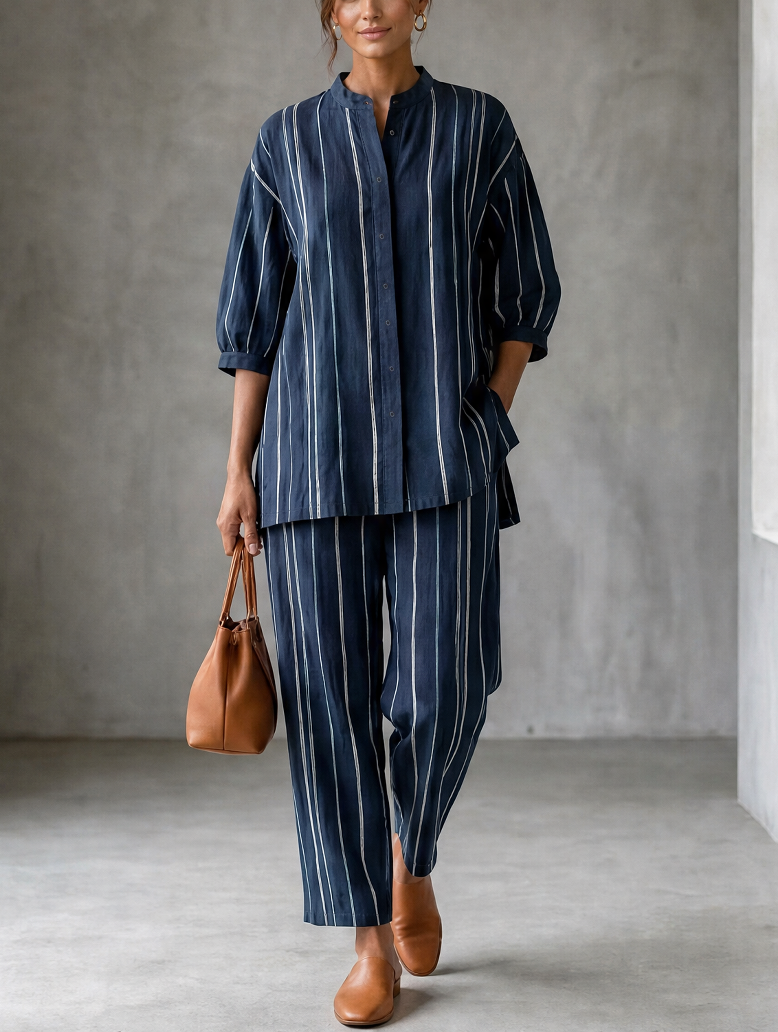 Women's Casual Blue And White Striped Cotton-Linen Shirt And Pants Two-Piece Set MDZ1931H5LXY