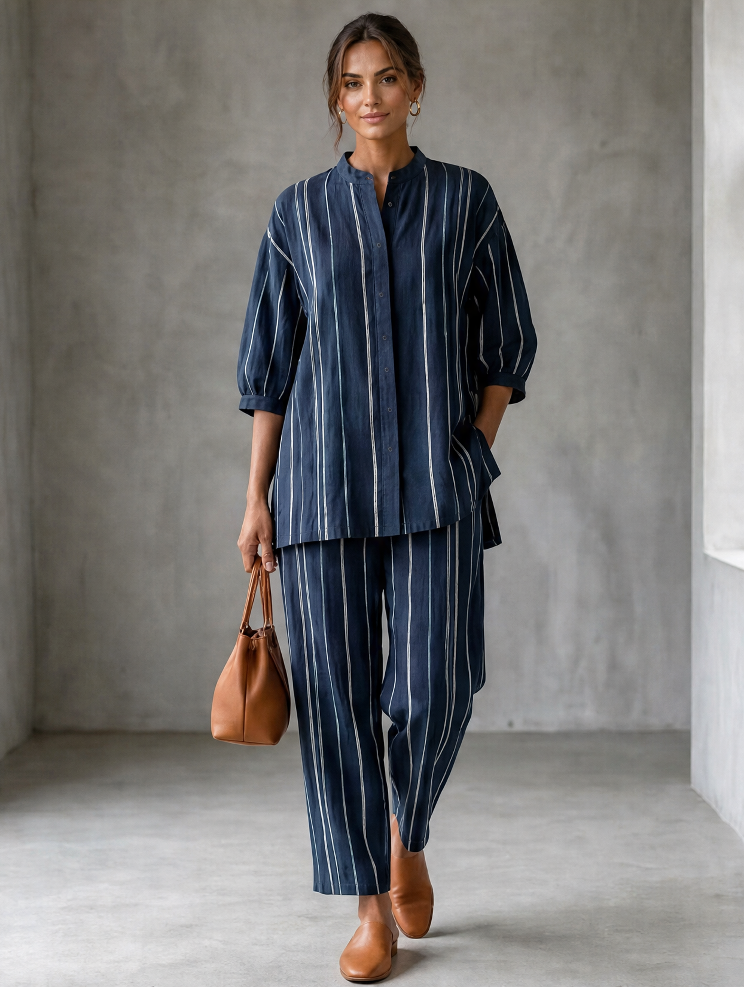 Women's Casual Blue And White Striped Cotton-Linen Shirt And Pants Two-Piece Set MDZ1931H5LXY