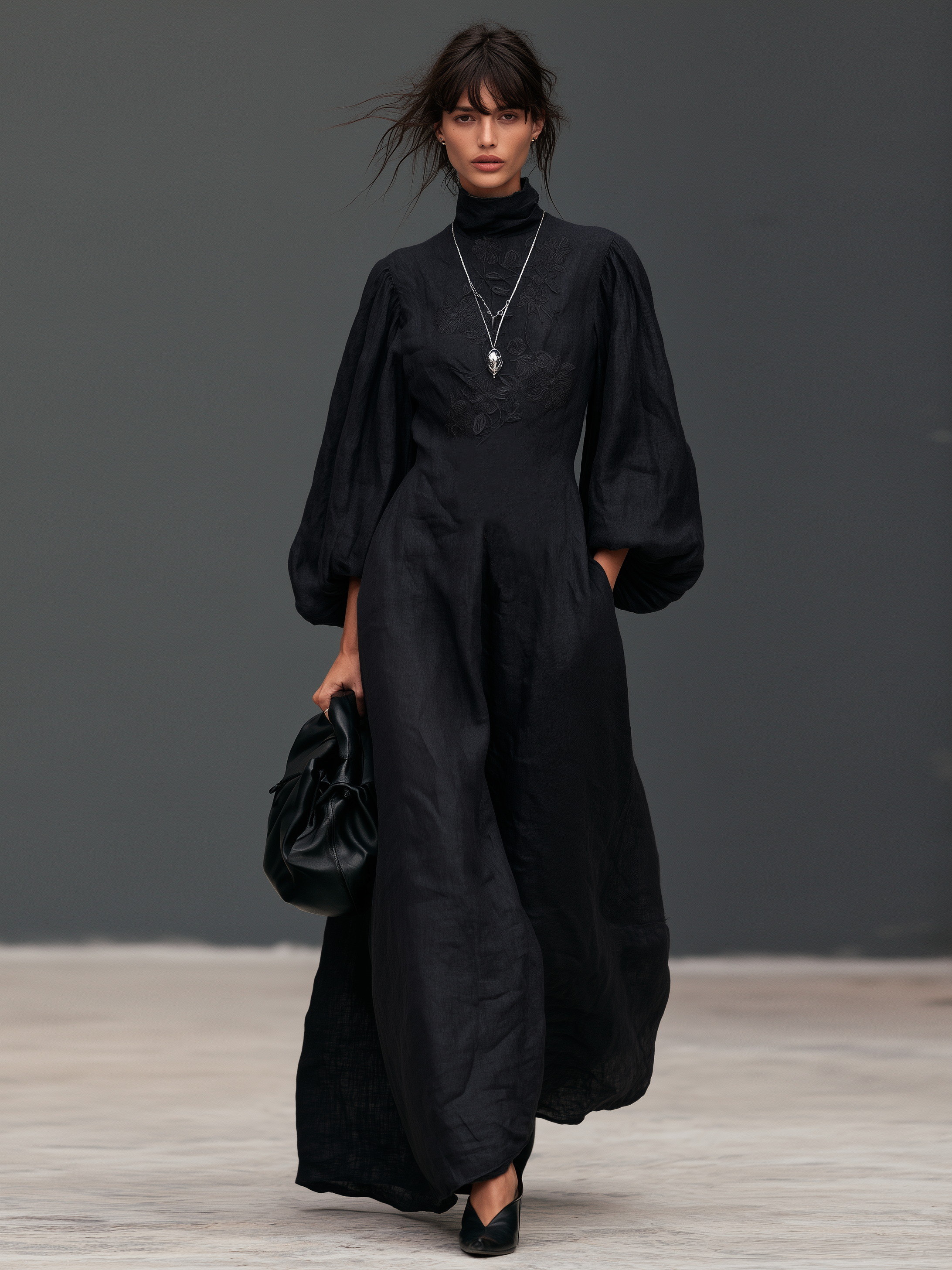 Women's Vintage Linen-Blend Embroidered Lantern-Sleeve Maxi Dress With Mock Neck MDZ1998H7WY