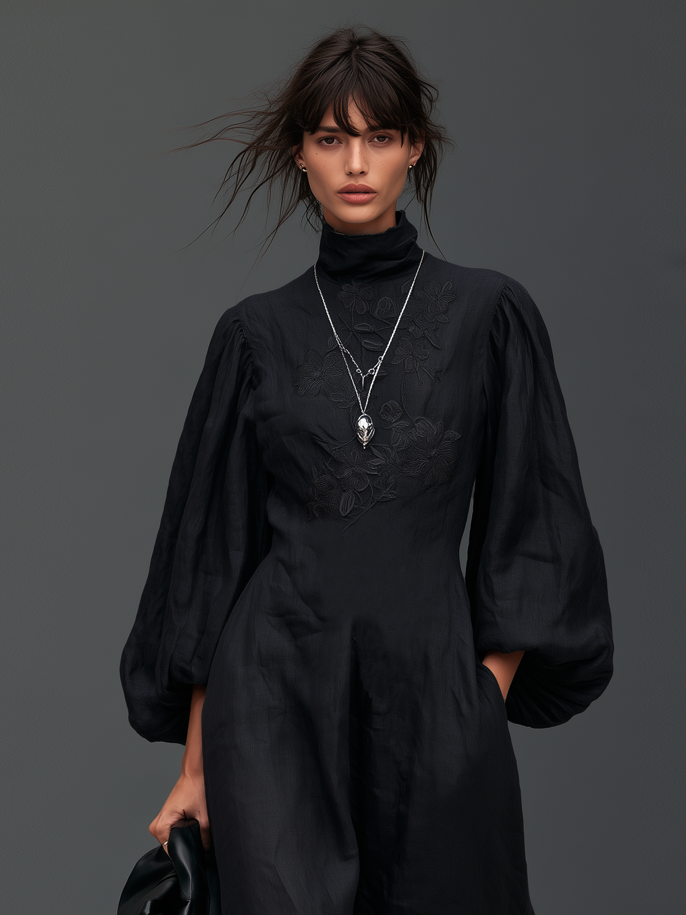 Women's Vintage Linen-Blend Embroidered Lantern-Sleeve Maxi Dress With Mock Neck MDZ1998H7WY