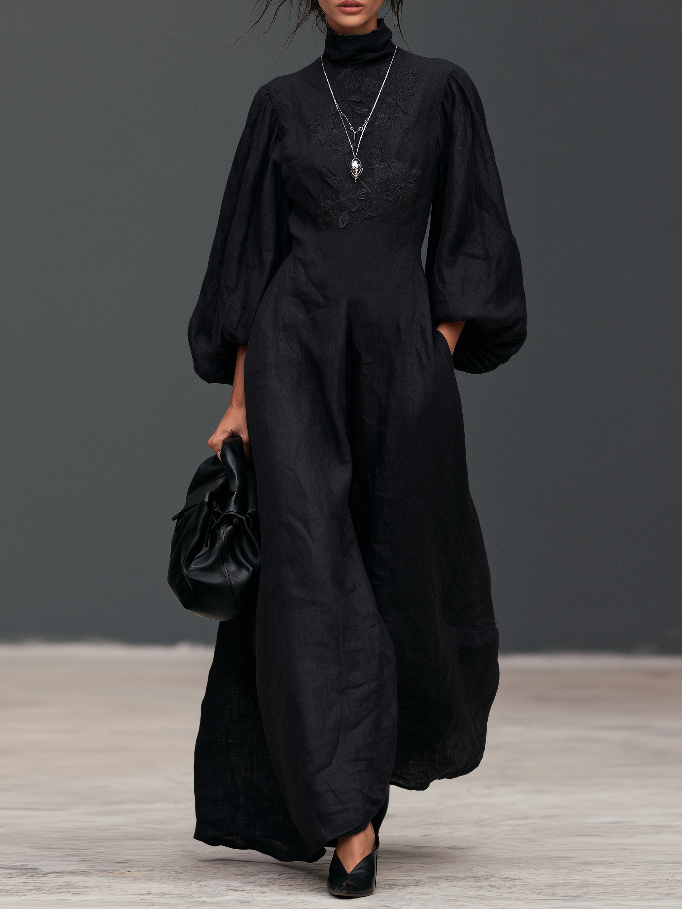 Women's Vintage Linen-Blend Embroidered Lantern-Sleeve Maxi Dress With Mock Neck MDZ1998H7WY