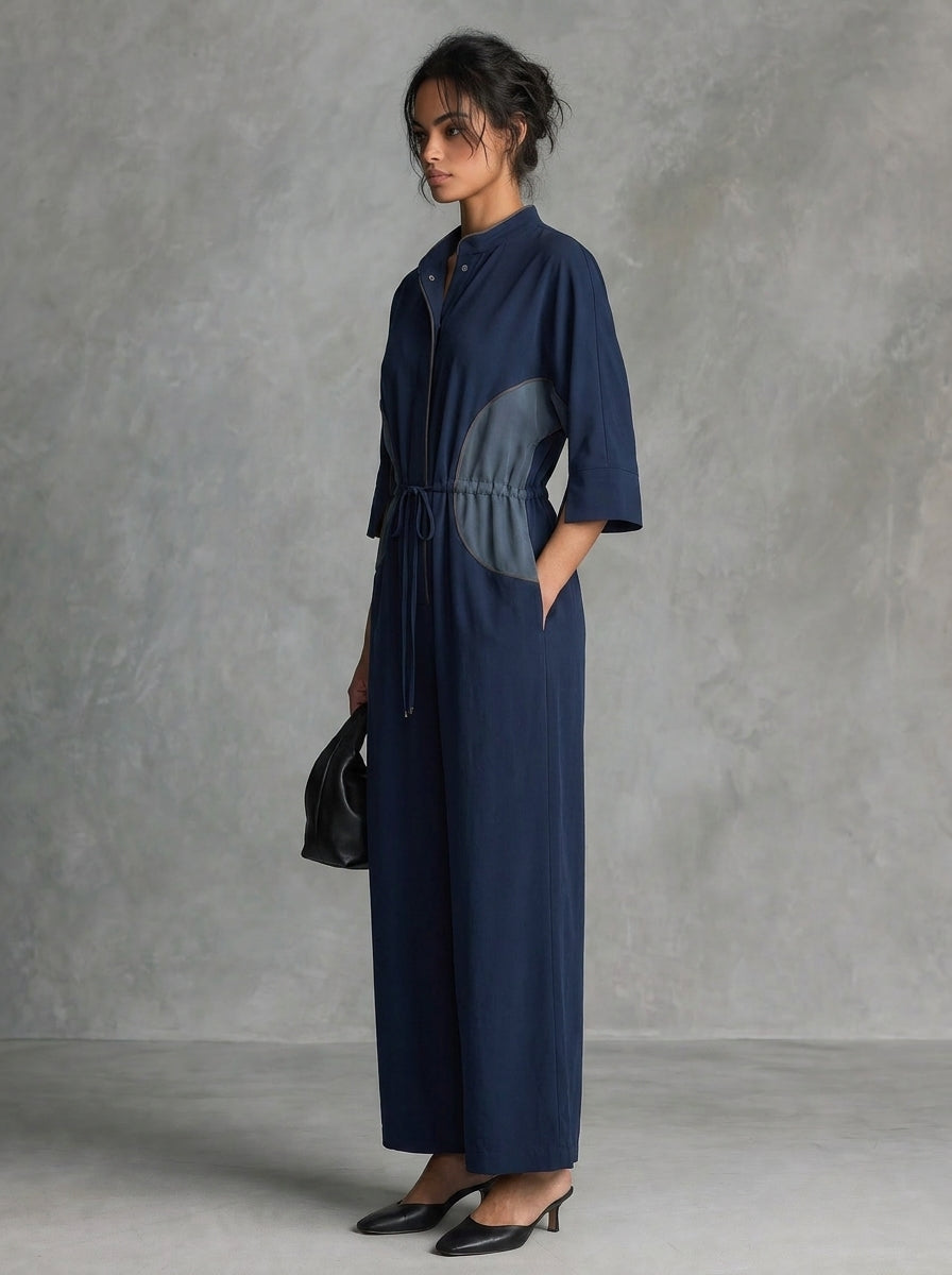 Women's Casual Dark Blue Stretch Knit Mid-Sleeve Jumpsuit MDZ1911H3LXY
